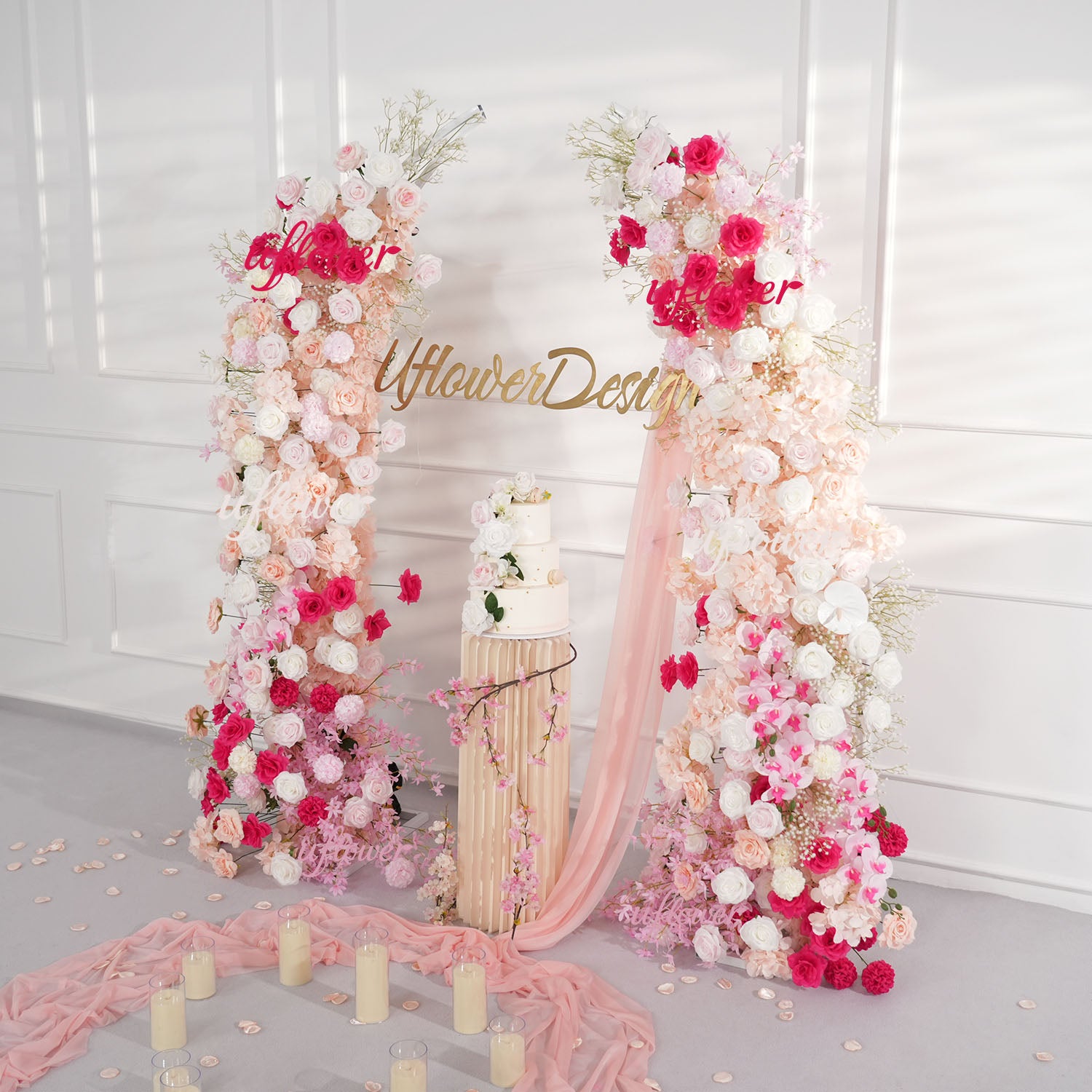 Uflower Pink White Floral Horn Arch Wedding Party Backdrop Decor