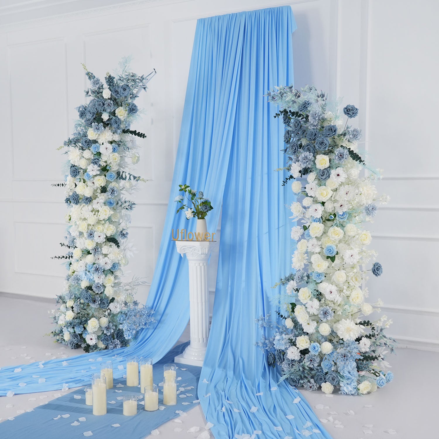 Uflower Blue White Floral Horn Arch Wedding Party Backdrop Decor