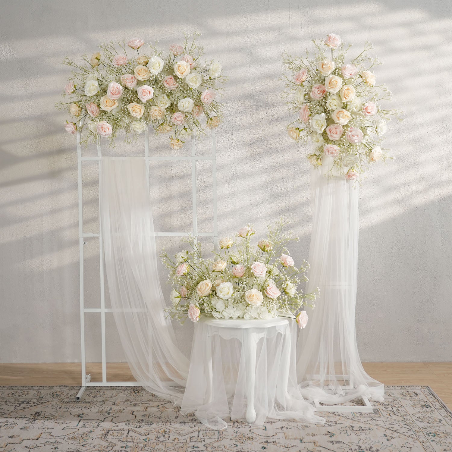 Uflower Champagne White Babysbreath Rose Arrangement Wedding KT Backdrop Decor