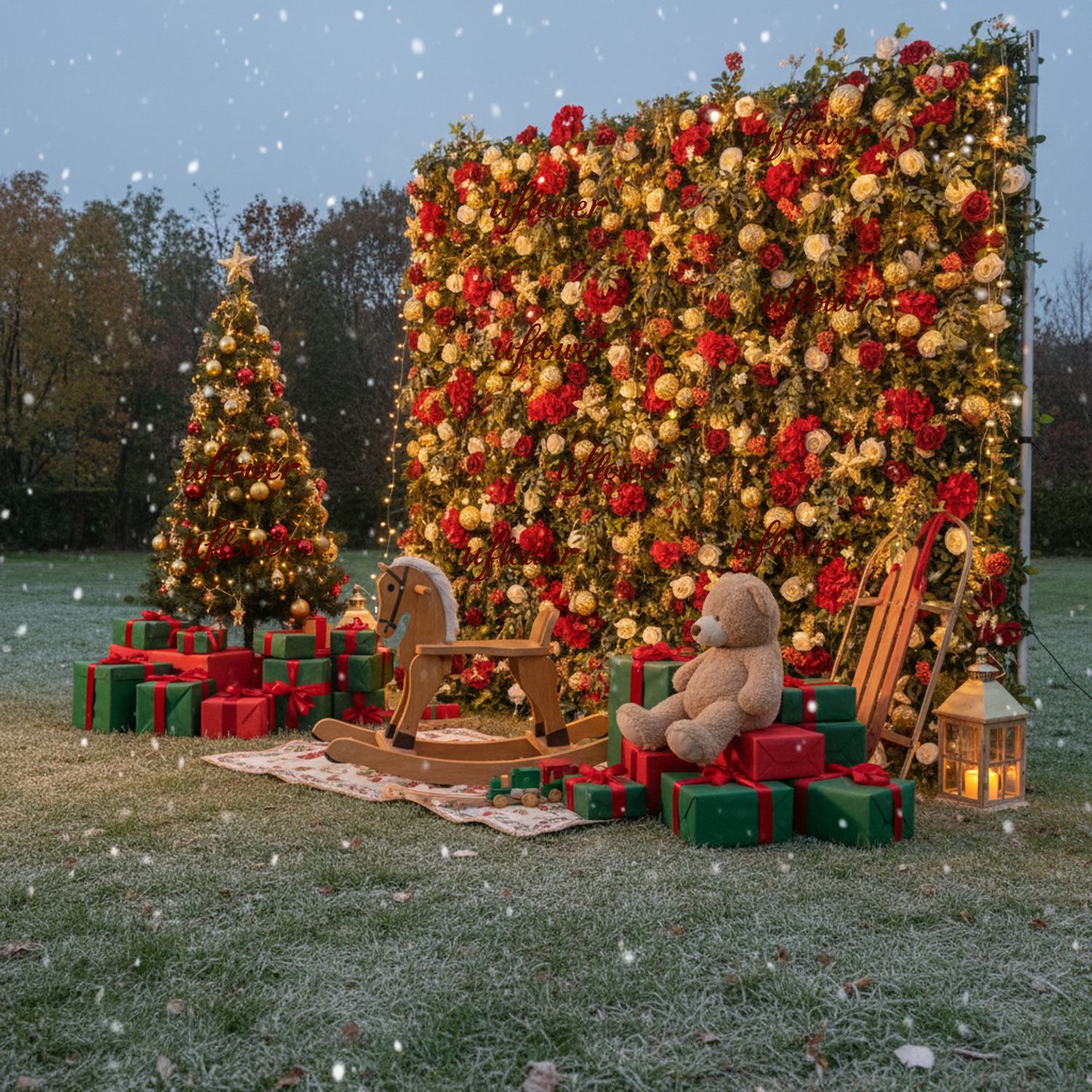 Uflower Christmas Red Gold Flower Wall  Luxurious Star & Ball Decorated Floral Backdrop Holiday Party Decor