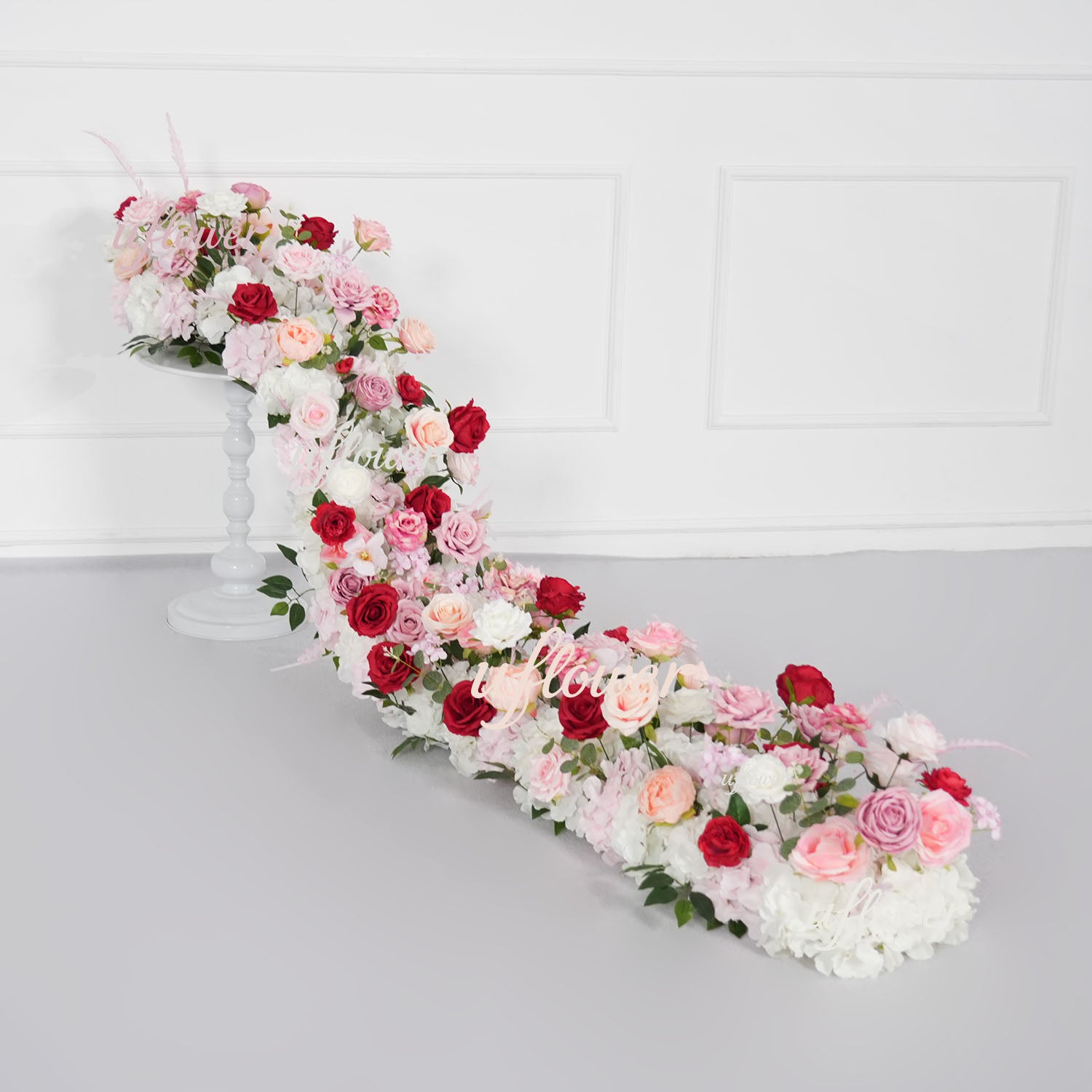 Uflower Pink White Rose Table Runner Sofa Floral Wedding Backdrop Decor