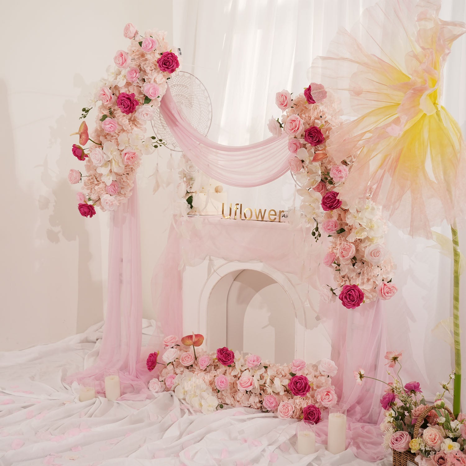 Uflower Pink Floral Arrangement Wedding Arch Backdrop Party Flower Row Decor