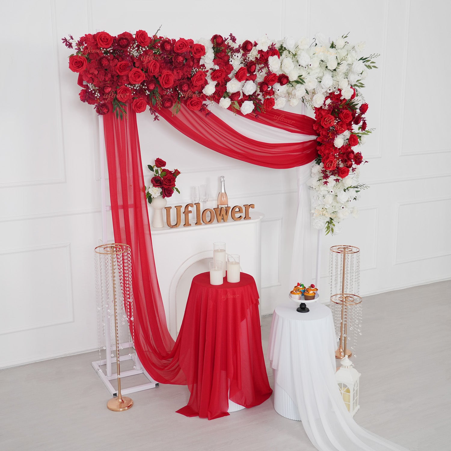 Uflower Artificial Red White Rose Flower Row Wedding KT Backdrop Decor