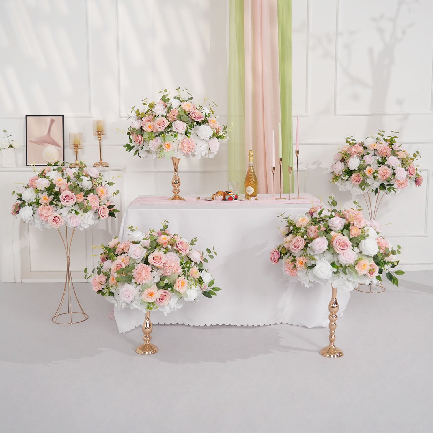 Uflower Pink White Rose Green Leaf Table Centerpieces Floral Ball Wedding Decoration