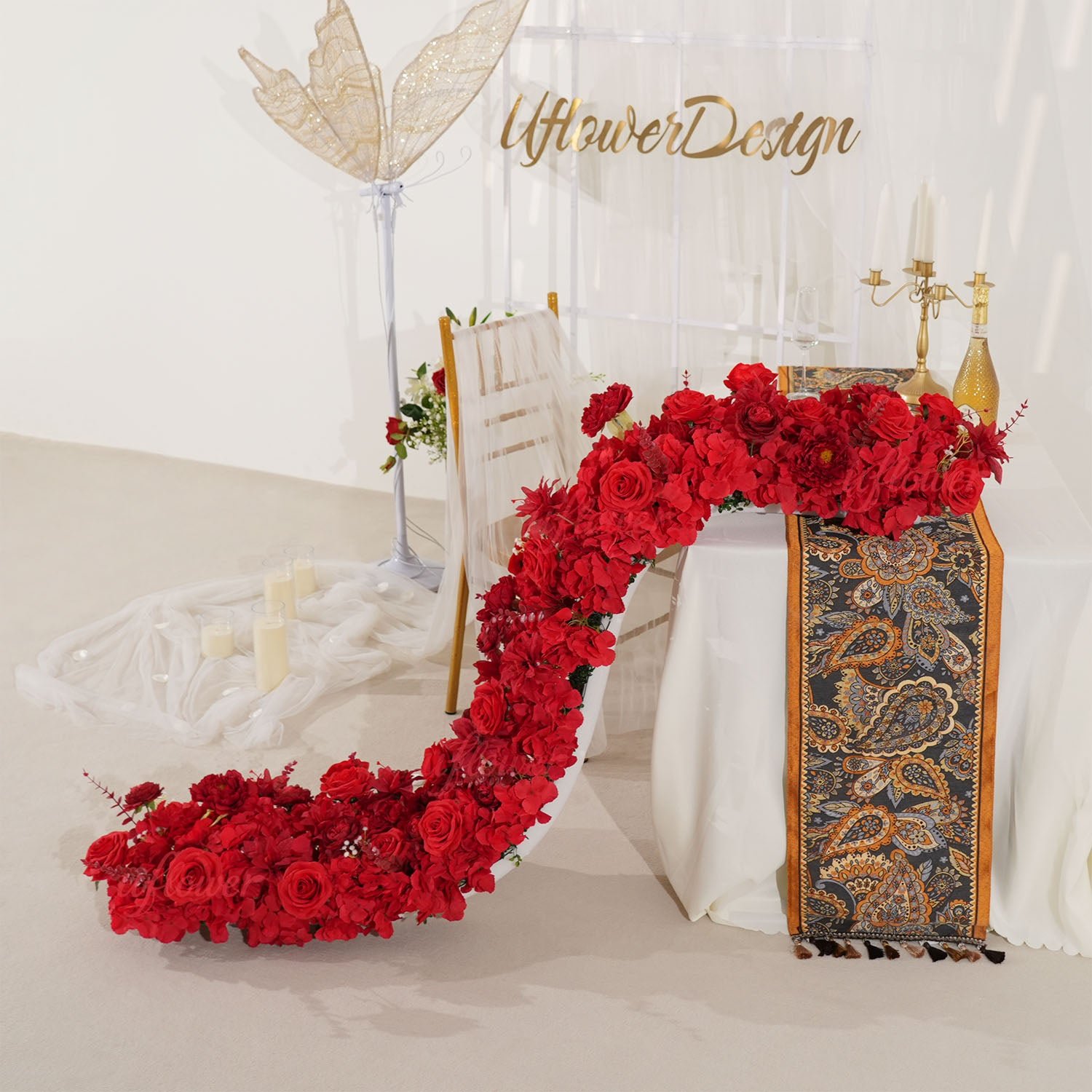 Uflower Artificial Red Rose Flower Row Wedding KT Backdrop Decor