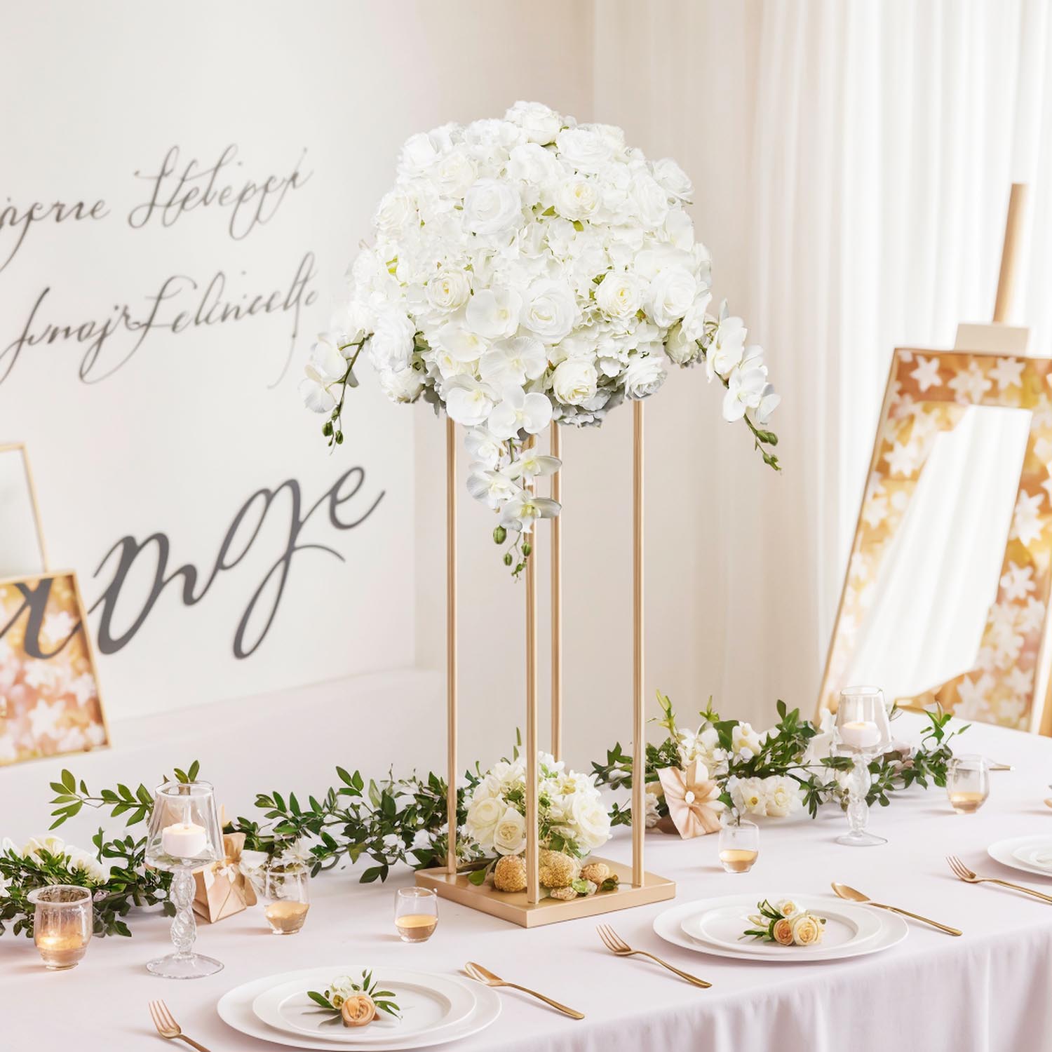 Modern geometric wedding centerpiece with orchids and gold accents