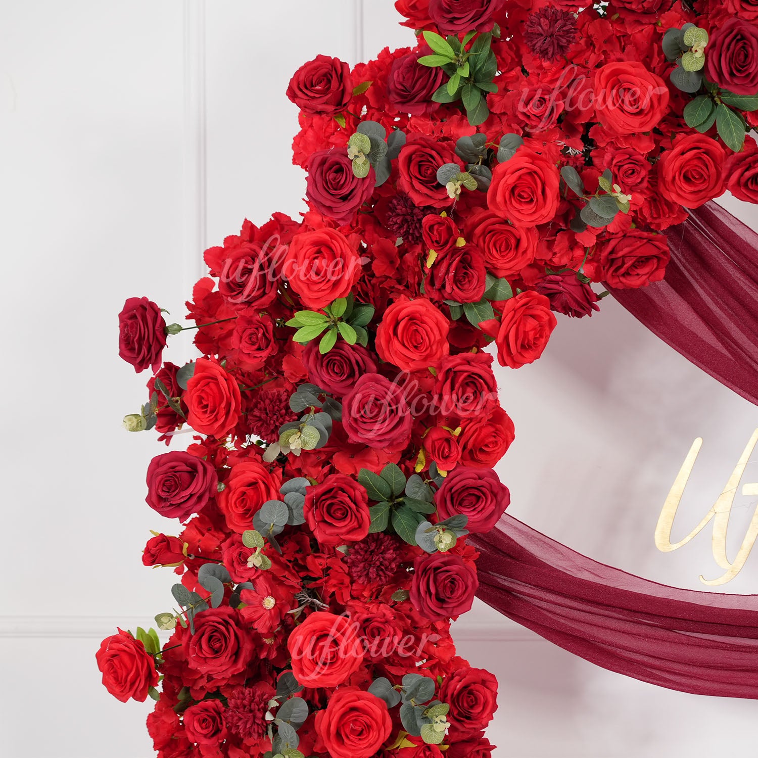 Uflower Red Rose Greenery Floral Door Arch Wedding Party Backdrop Decoration