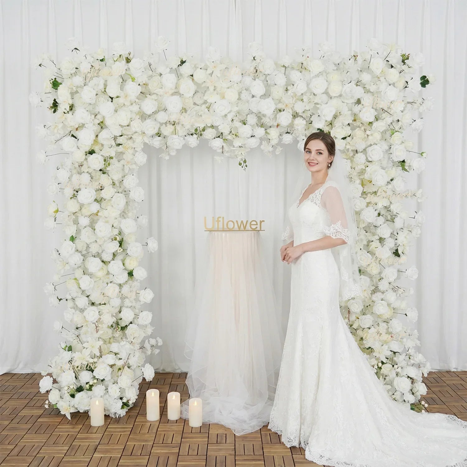 White Rose Flower Row Wedding Background Frame Arch - Uflower