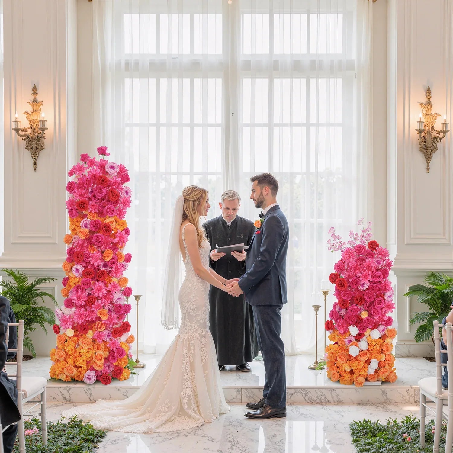 Artificial Orange Red Wedding KT Background Decor Flower Row - Uflower