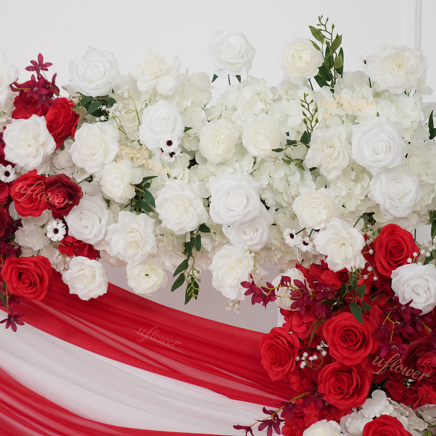 Uflower Artificial Red White Rose Flower Row Wedding KT Backdrop Decor
