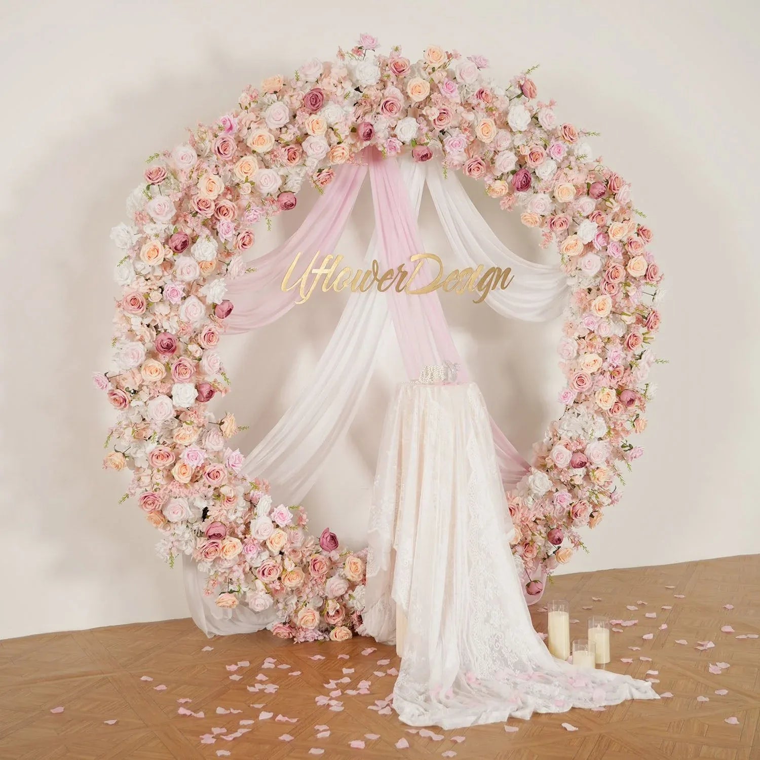 Uflower Pink White Rose Flower Arrangement Table Runner Wedding Round Arch SET80184 - Uflower