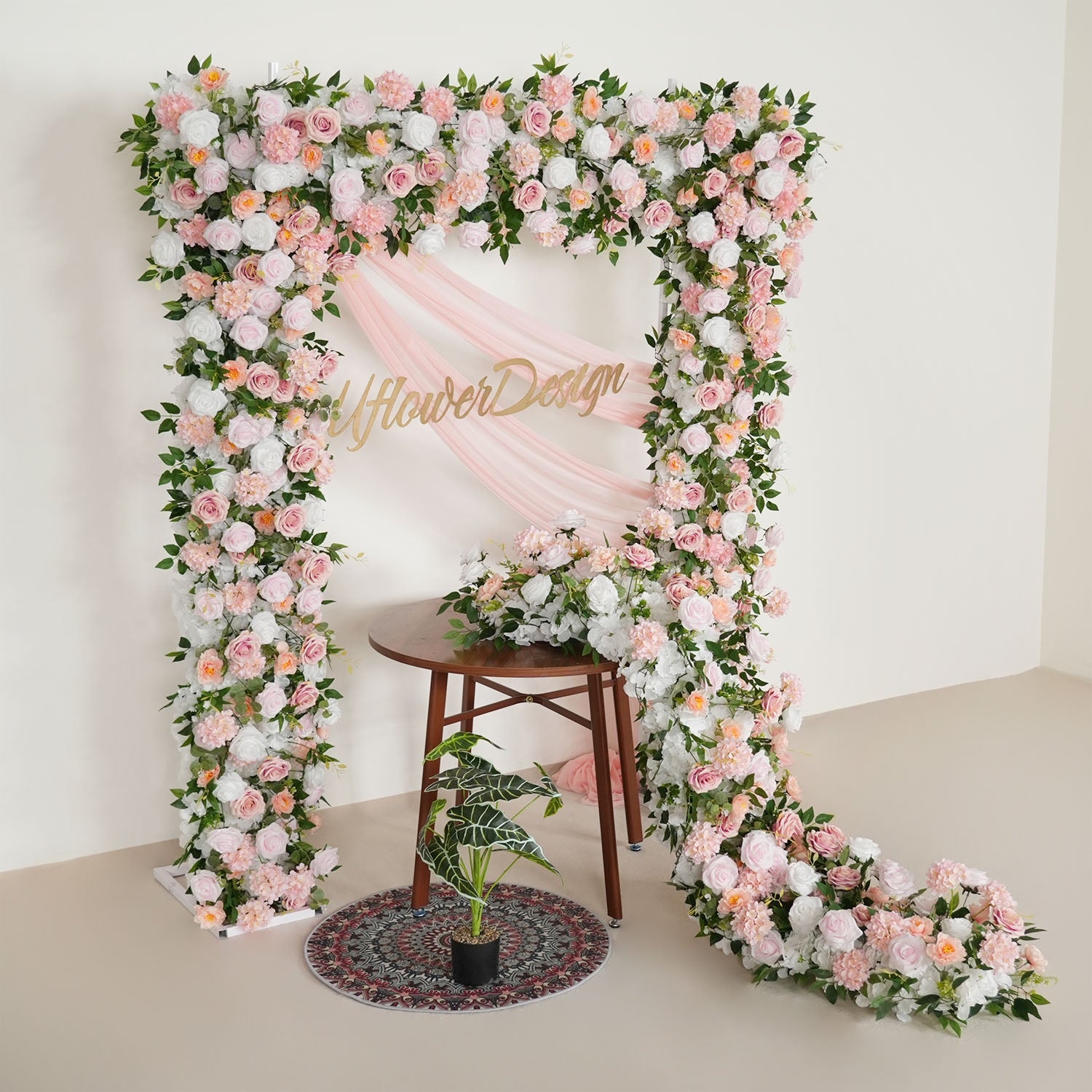 Uflower Pink White Rose Floral Square Arch Wedding Party Backdrop Decoration