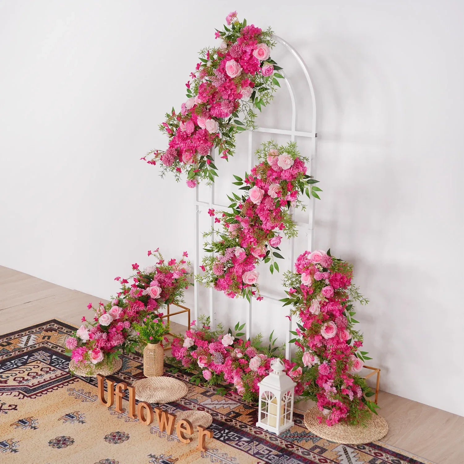 Uflower Pink Rose Green Leaf Wedding Backdrop Floral Arrangement - Uflower