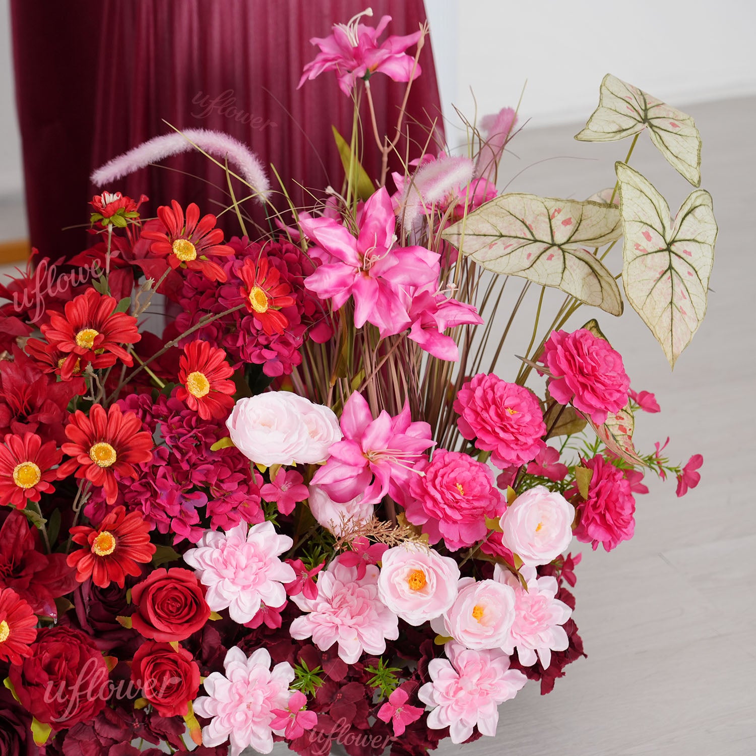 Uflower Red Pink Flower Arrangement Wedding Party Backdrop Floral Props