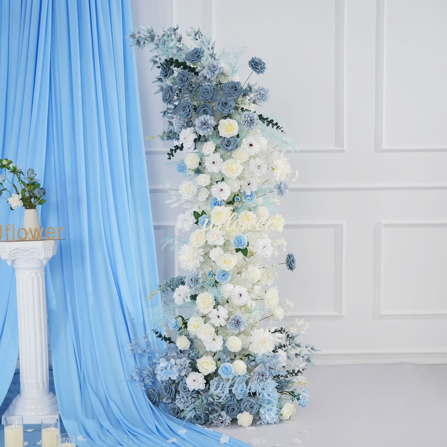 Uflower Blue White Floral Horn Arch Wedding Party Backdrop Decor