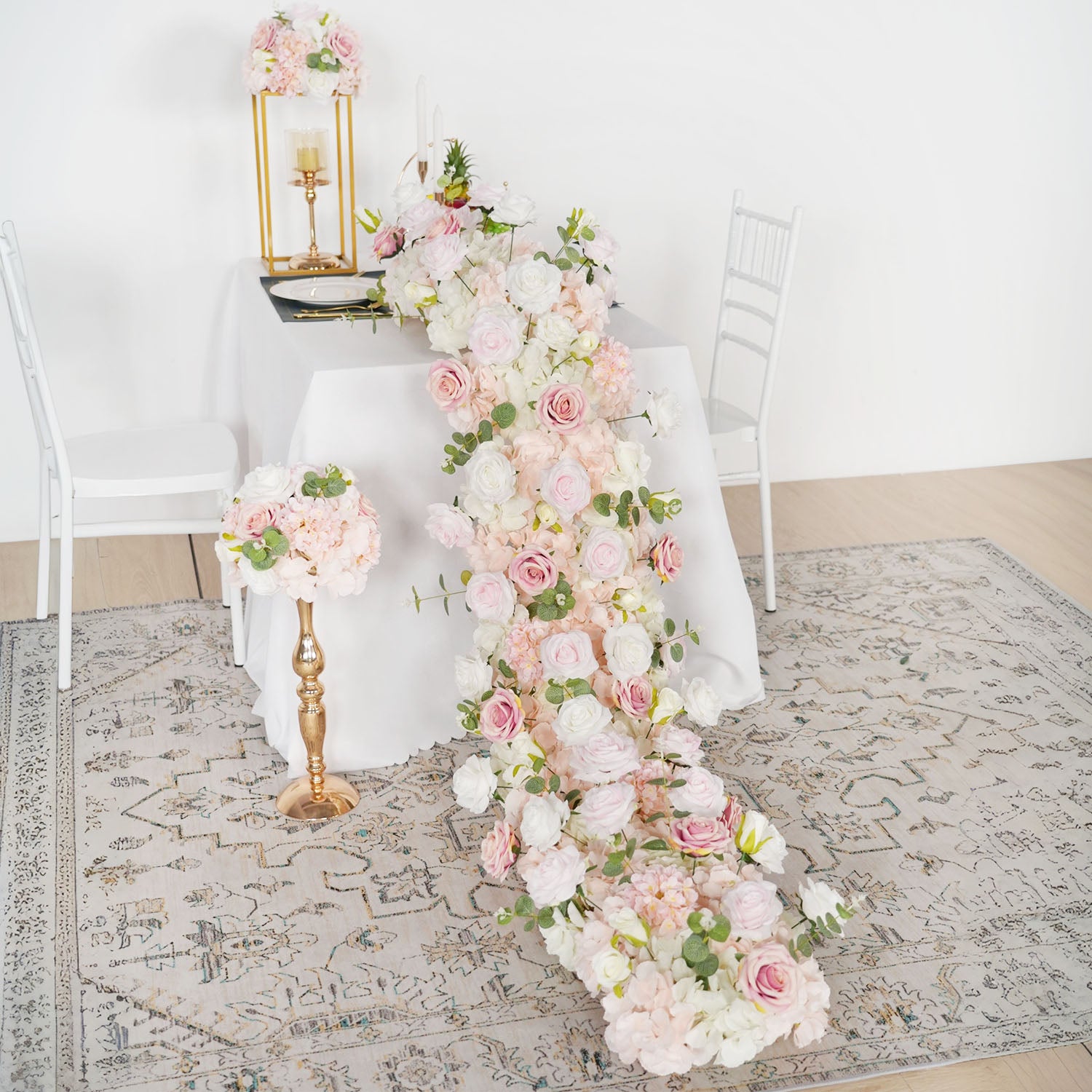 Uflower Pink Rose Table Runner Sofa Floral Wedding Backdrop Decor