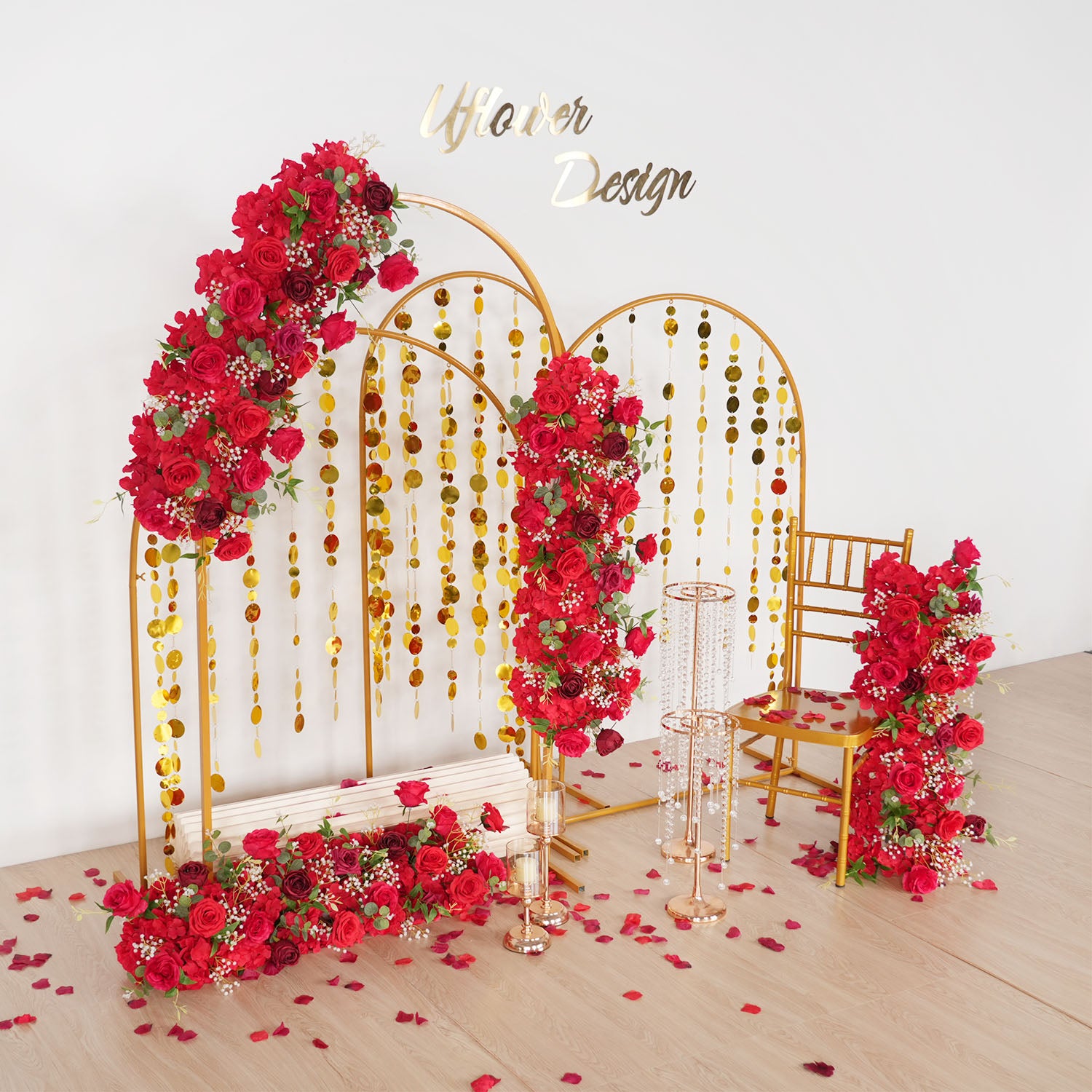 Uflower Artificial Red Rose Babysbreath Green Leaf Flower Row Wedding KT Backdrop Decor