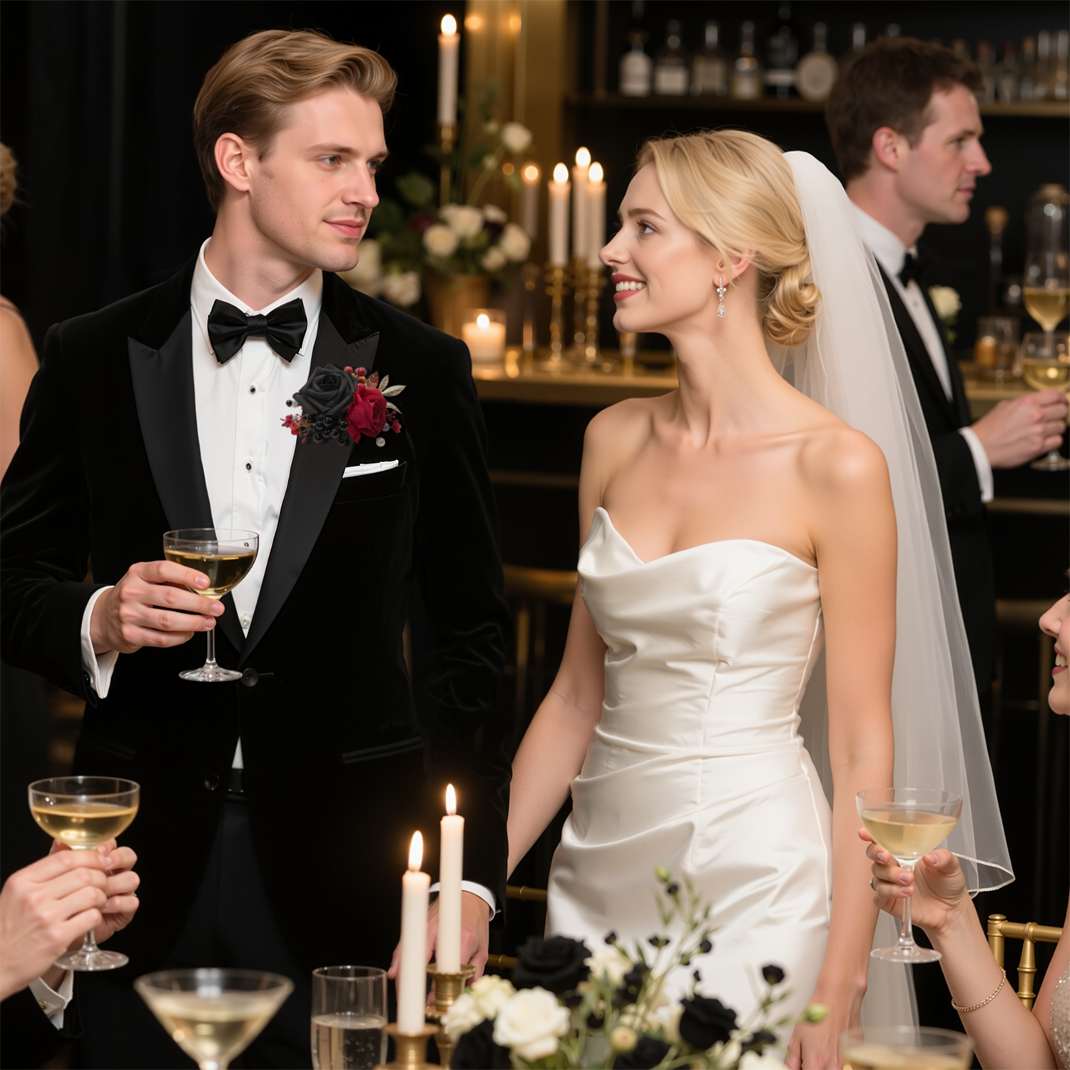 Uflower Black Burgundy Bride Bouquet Wrist Corsage Groom Boutonniere Set Wedding Event Supplies