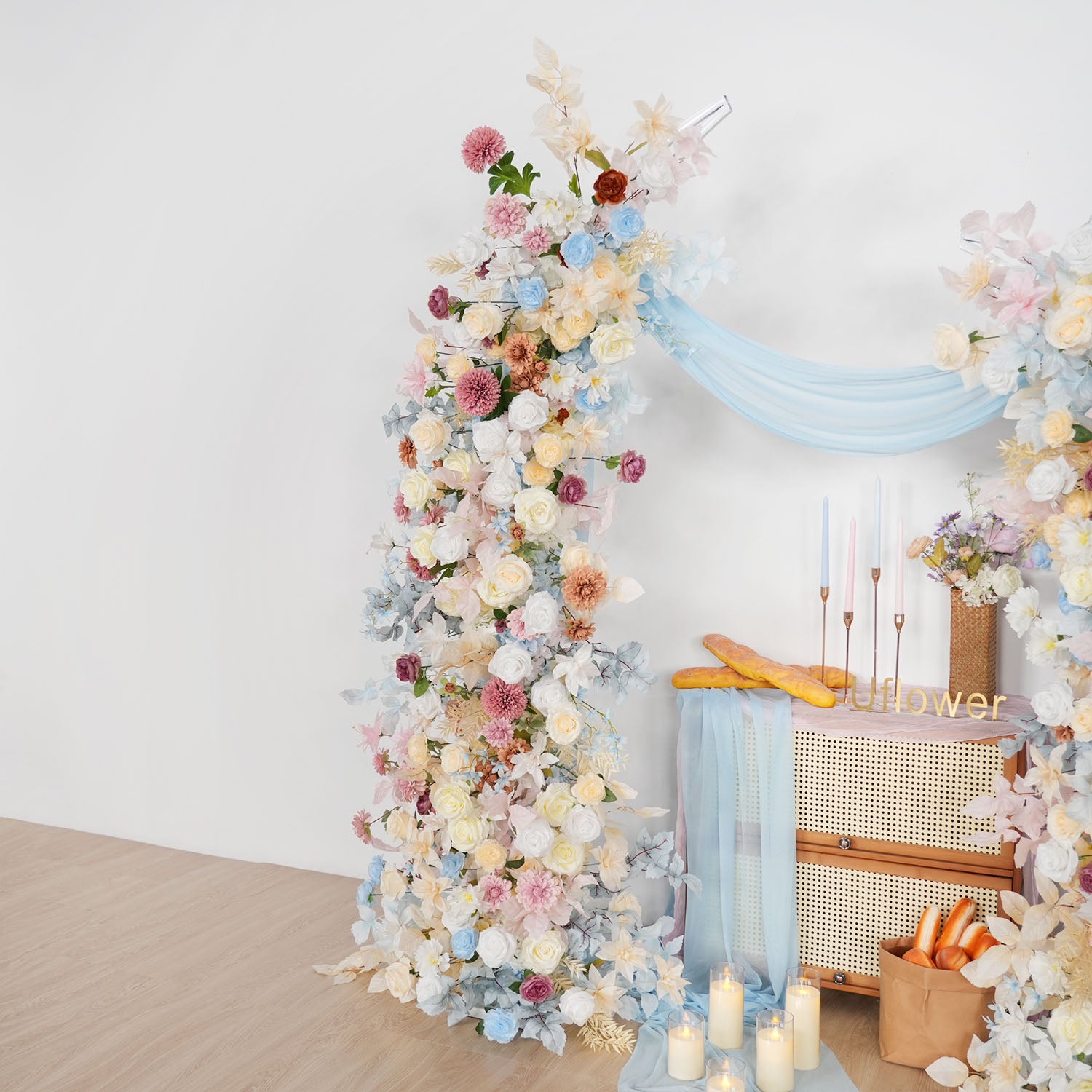 Uflower Pink Blue Champagne Horn Arch Decor Wedding Backdrop Floral Ball Arrangement