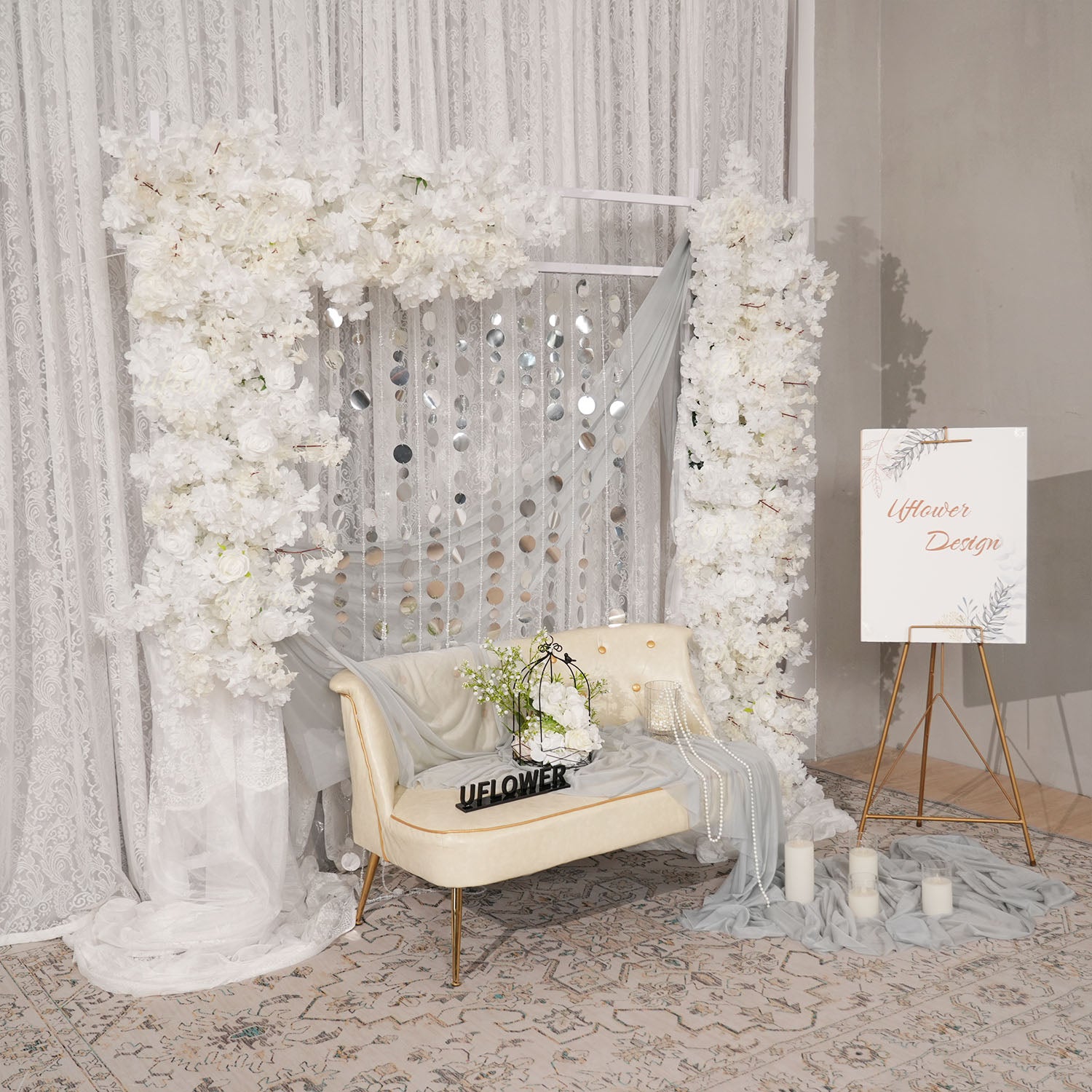 Uflower White Cherry Blossom Flower Row Wedding KT Backdrop Decor