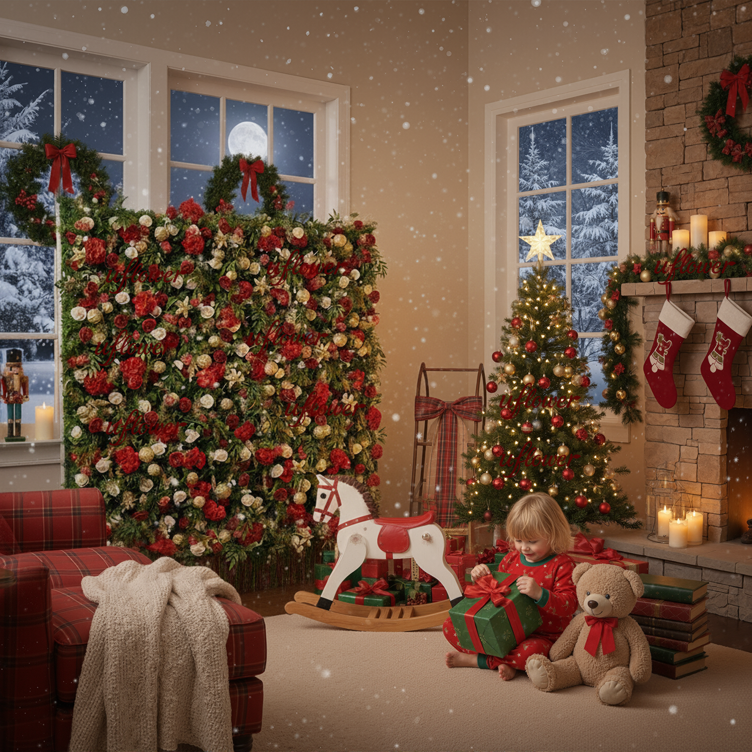 Uflower Christmas Red Gold Flower Wall  Luxurious Star & Ball Decorated Floral Backdrop Holiday Party Decor