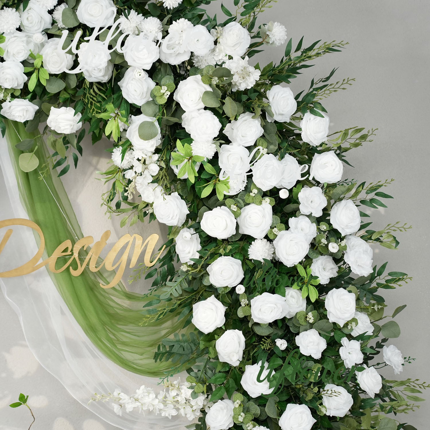 Uflower White Rose Green Leaf Floral Row Decor Wedding Backdrop Door Arch