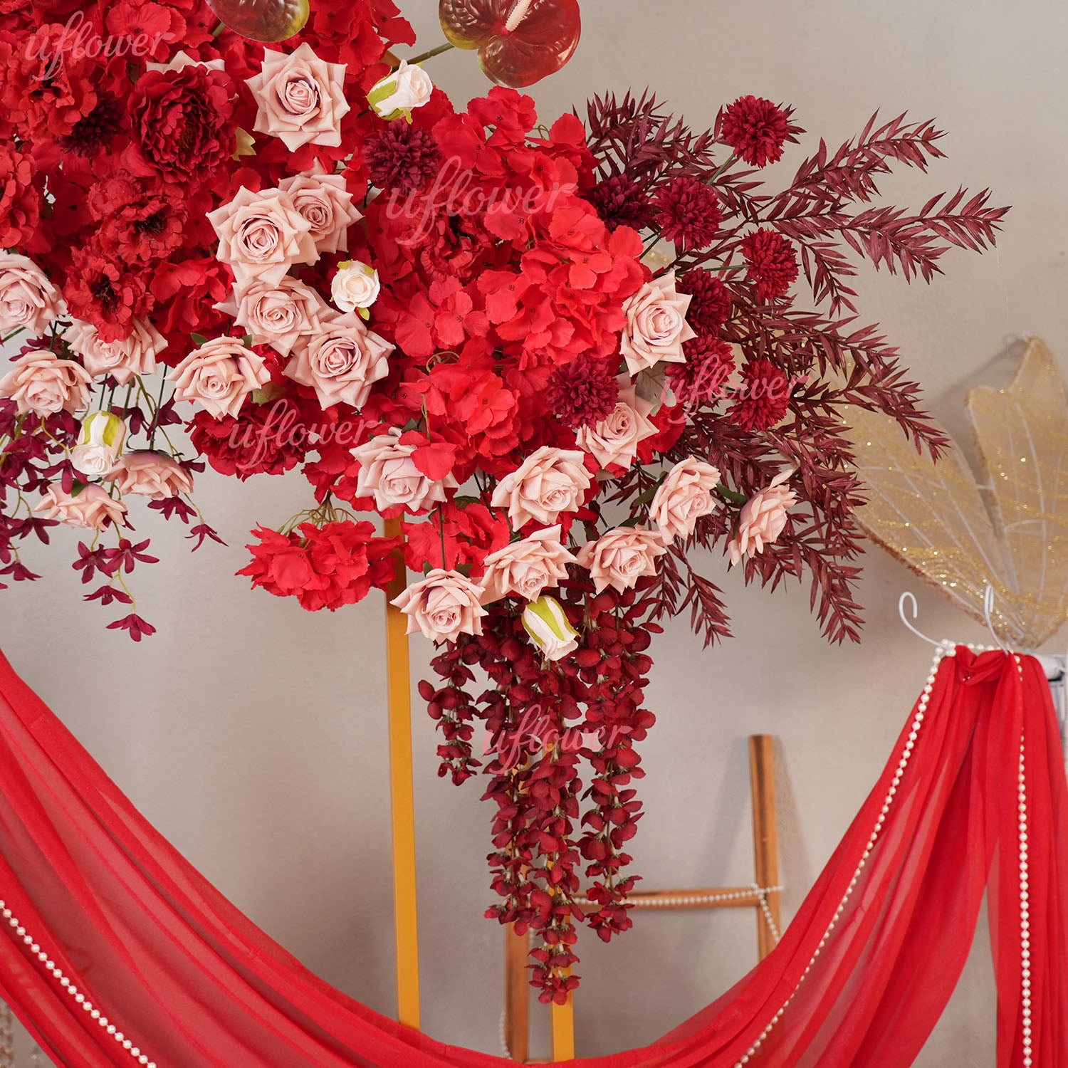 Uflower Red Flower Row Decor KT Board Wedding Arrangement Props