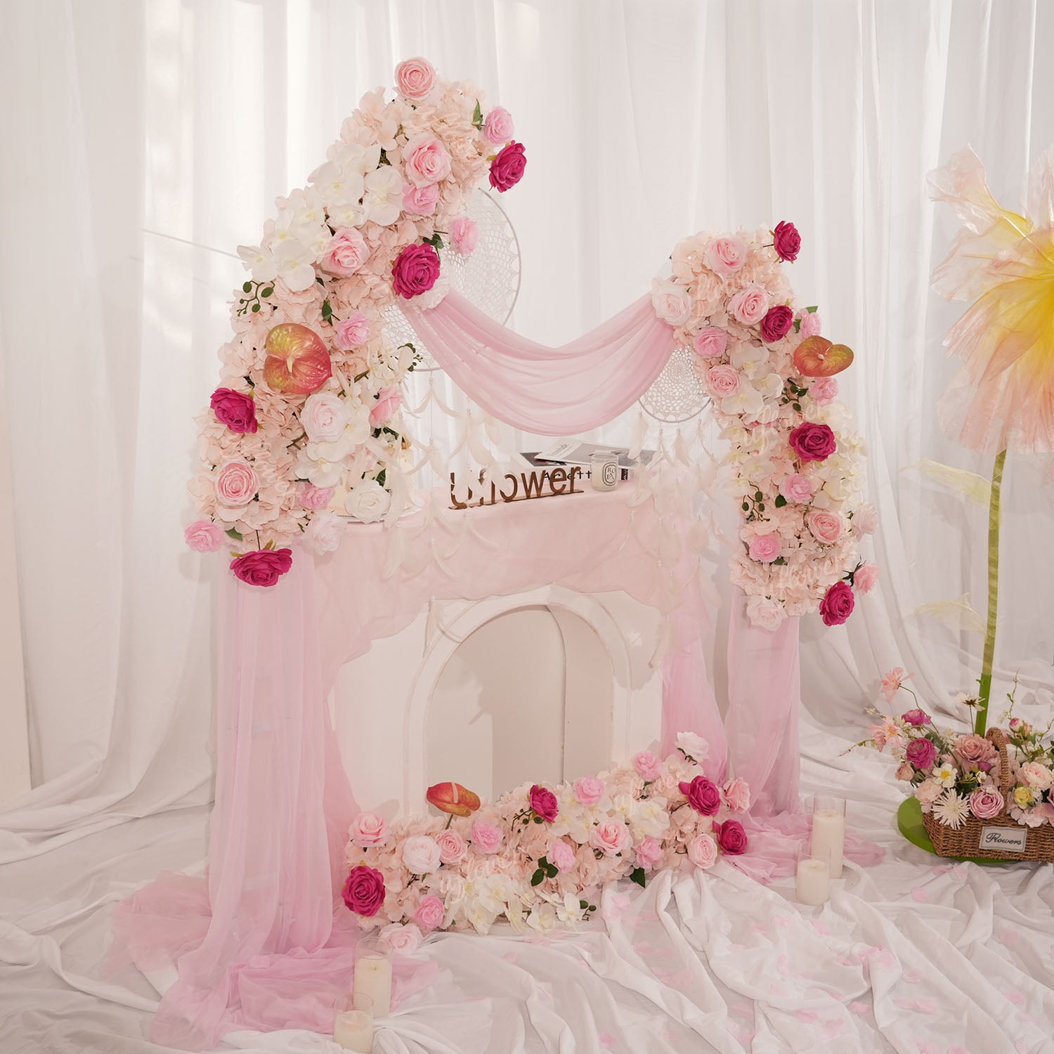 Uflower Pink Floral Arrangement Wedding Arch Backdrop Party Flower Row Decor