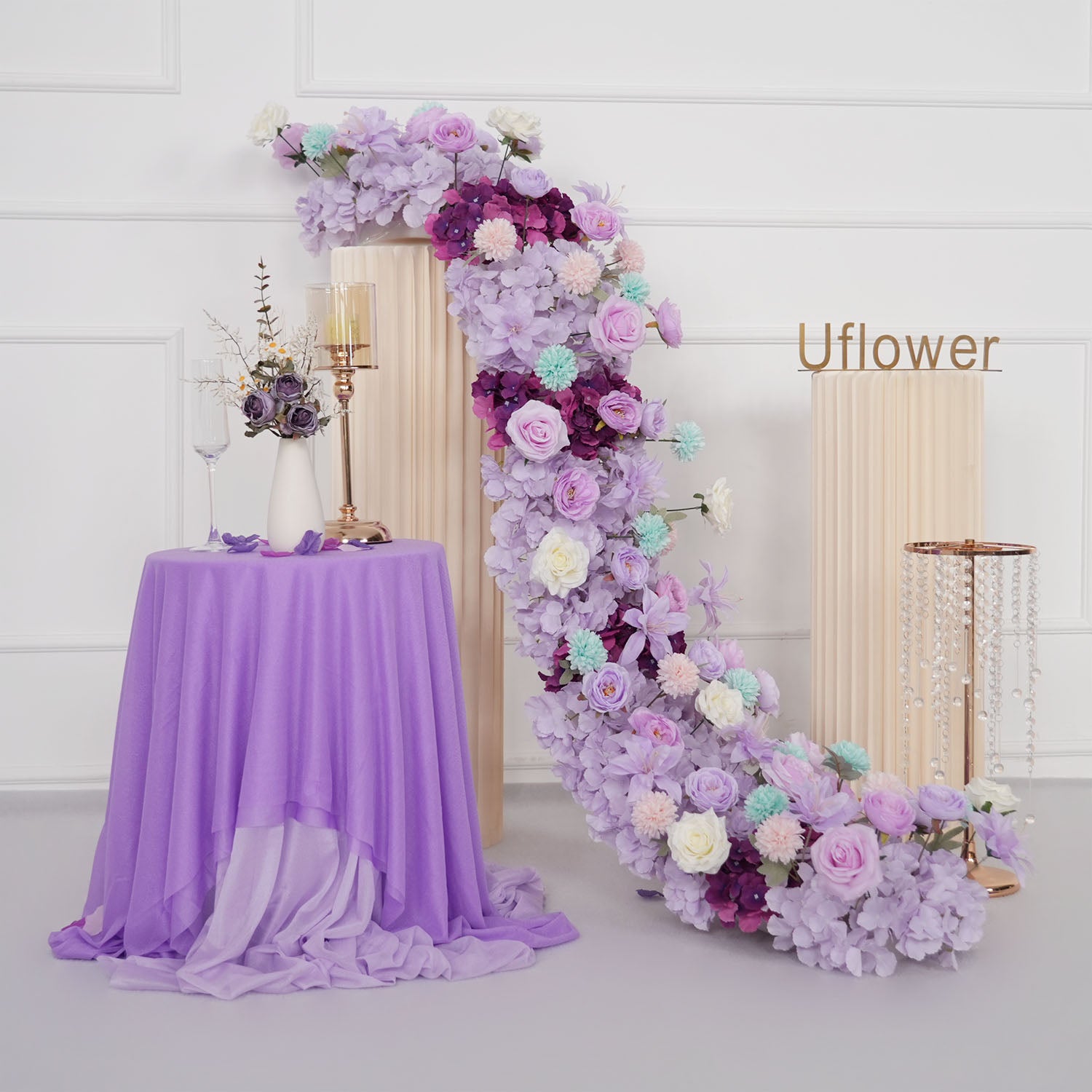 Uflower Purple Flower Row Sofa Table Runner Floor Flower Arrangement