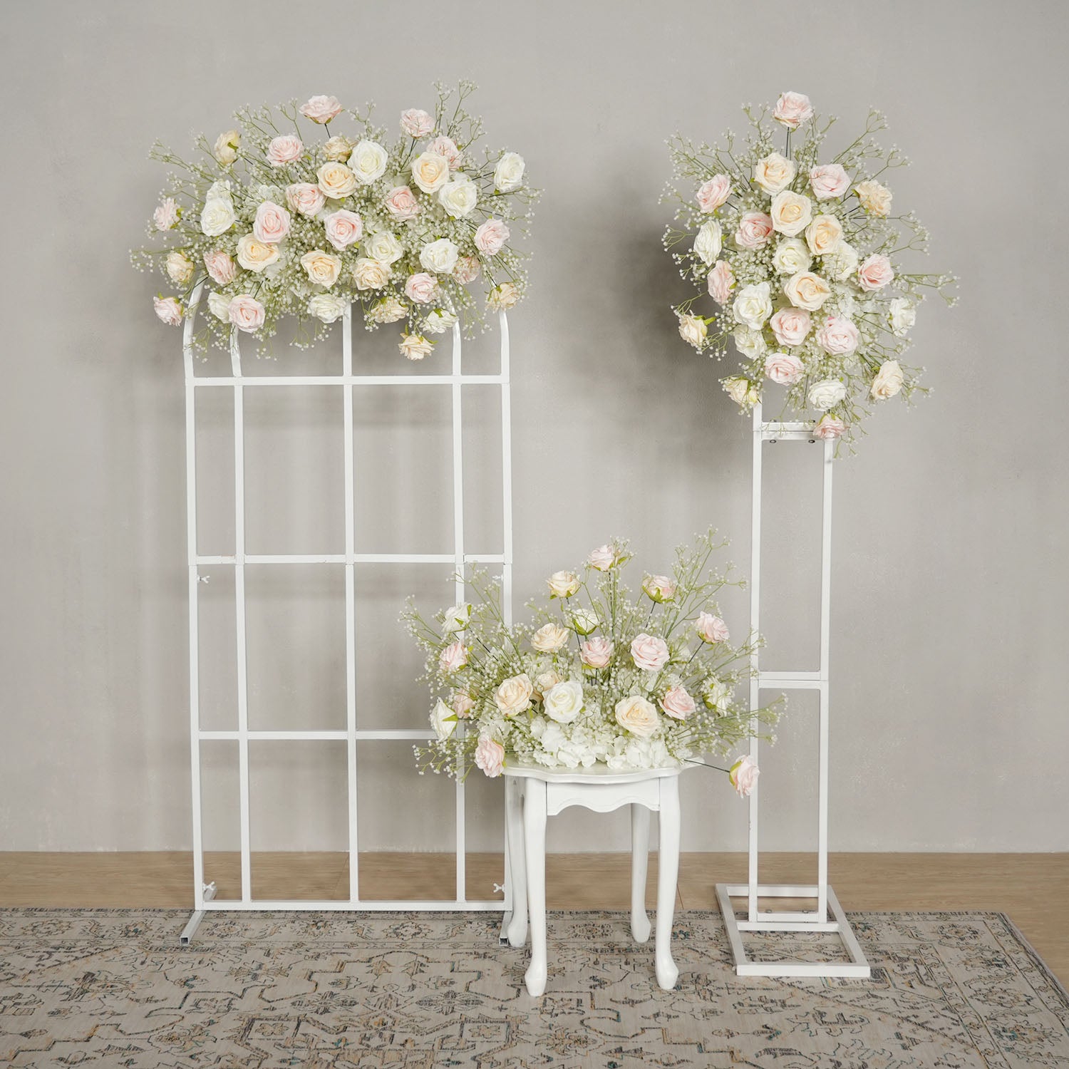 Uflower Champagne White Babysbreath Rose Arrangement Wedding KT Backdrop Decor