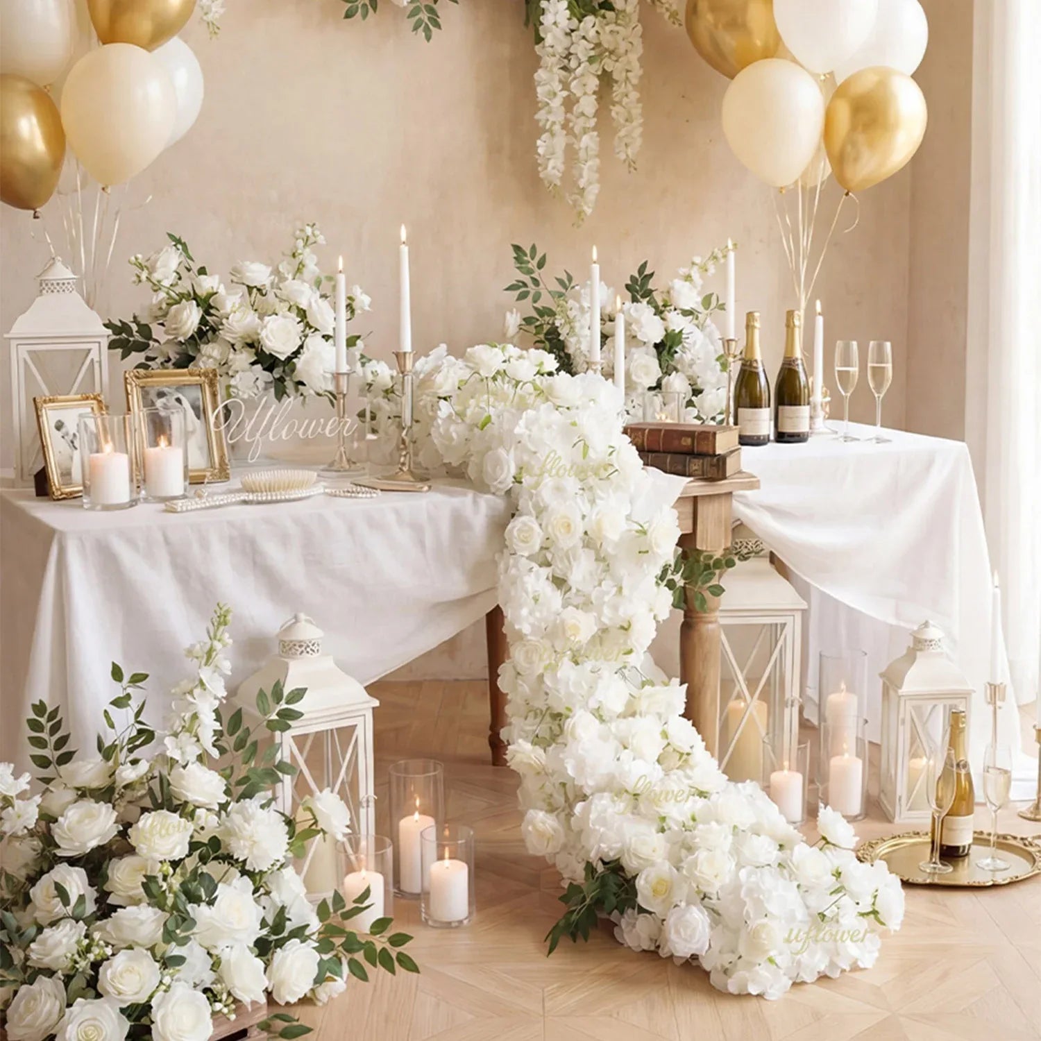 Uflower White Rose Table Runner Sofa Floral Wedding Backdrop Decor SET80120 - Uflower