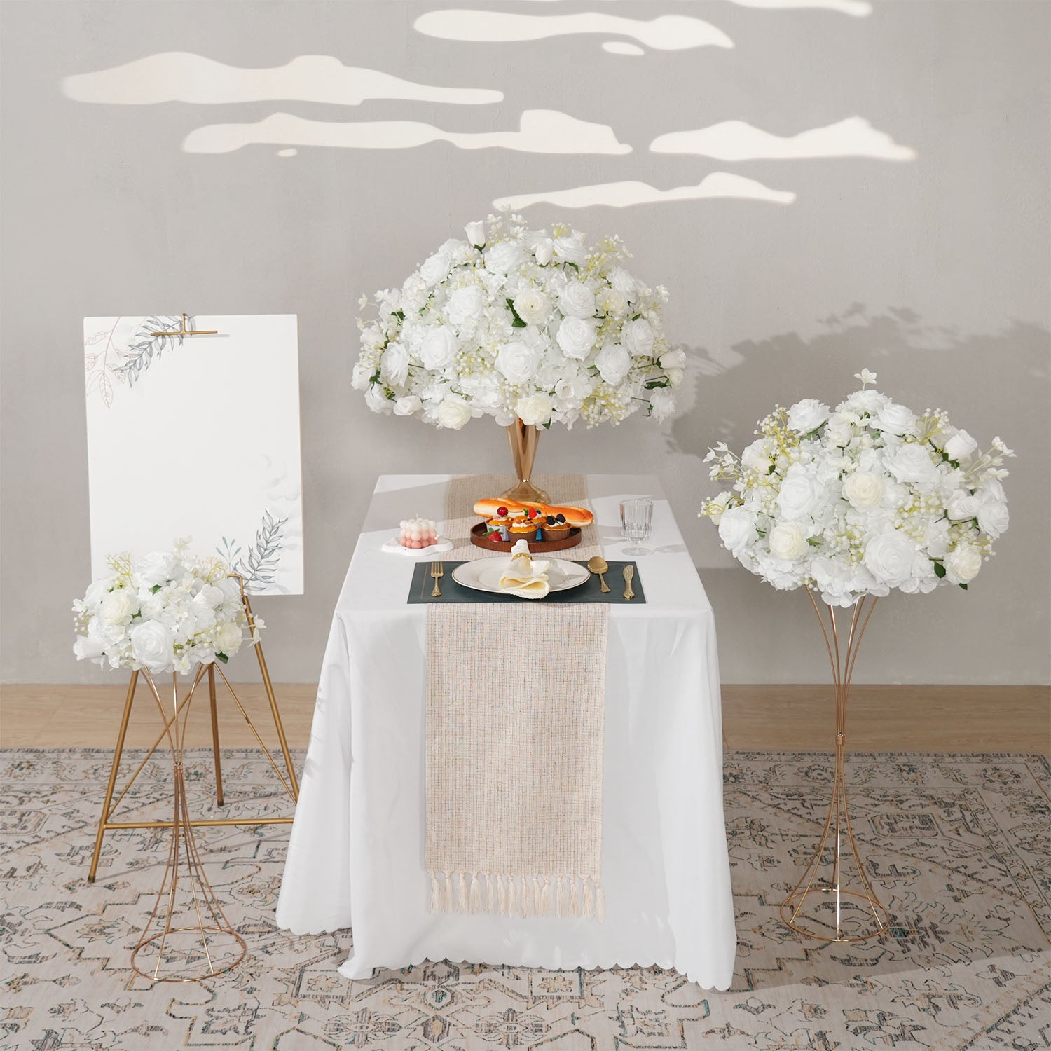 Uflower White Rose Baby's Breath Flower Ball For Table Centerpieces