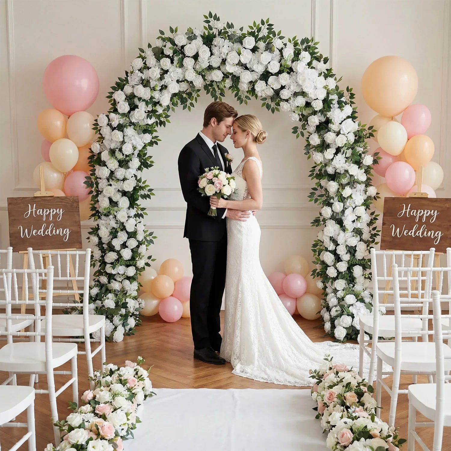 Uflower Green White Rose Willow Leaves Wedding Background Arch Decoration Flower Arrangement - Uflower