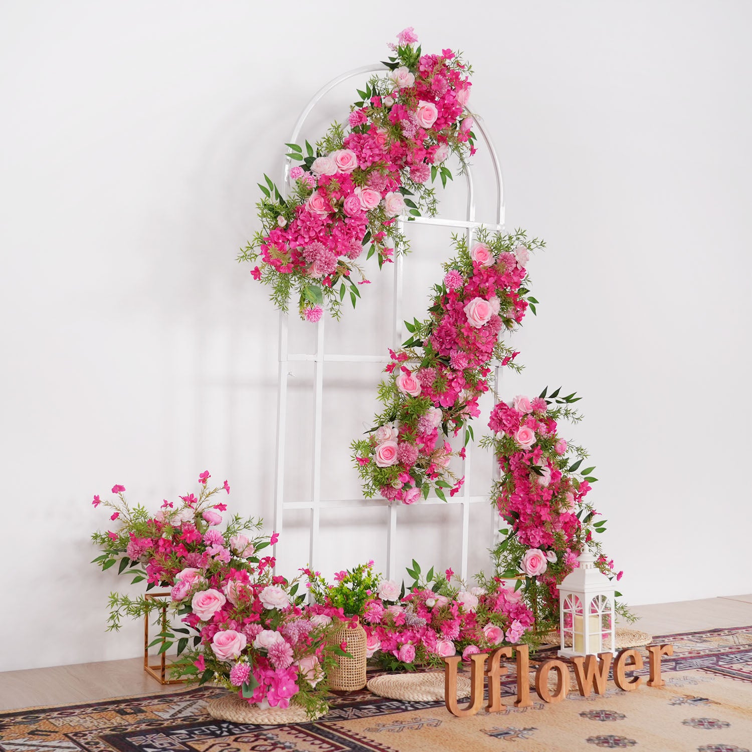 Uflower Pink Rose Green Leaf Wedding Backdrop Floral Arrangement