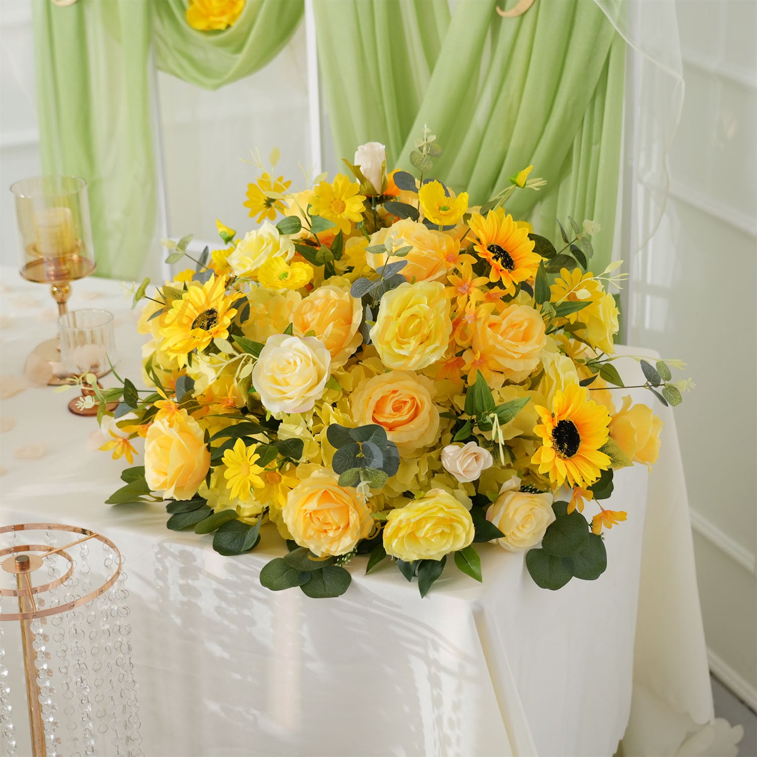 Uflower Yellow Rose Sunflower Table Runner Sofa Floral Wedding Backdrop Decor