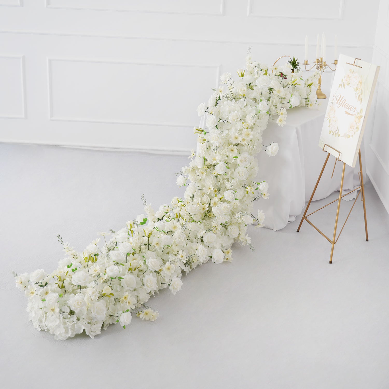 Uflower White Rose Sofa Table Runner Floor Flower Arrangement