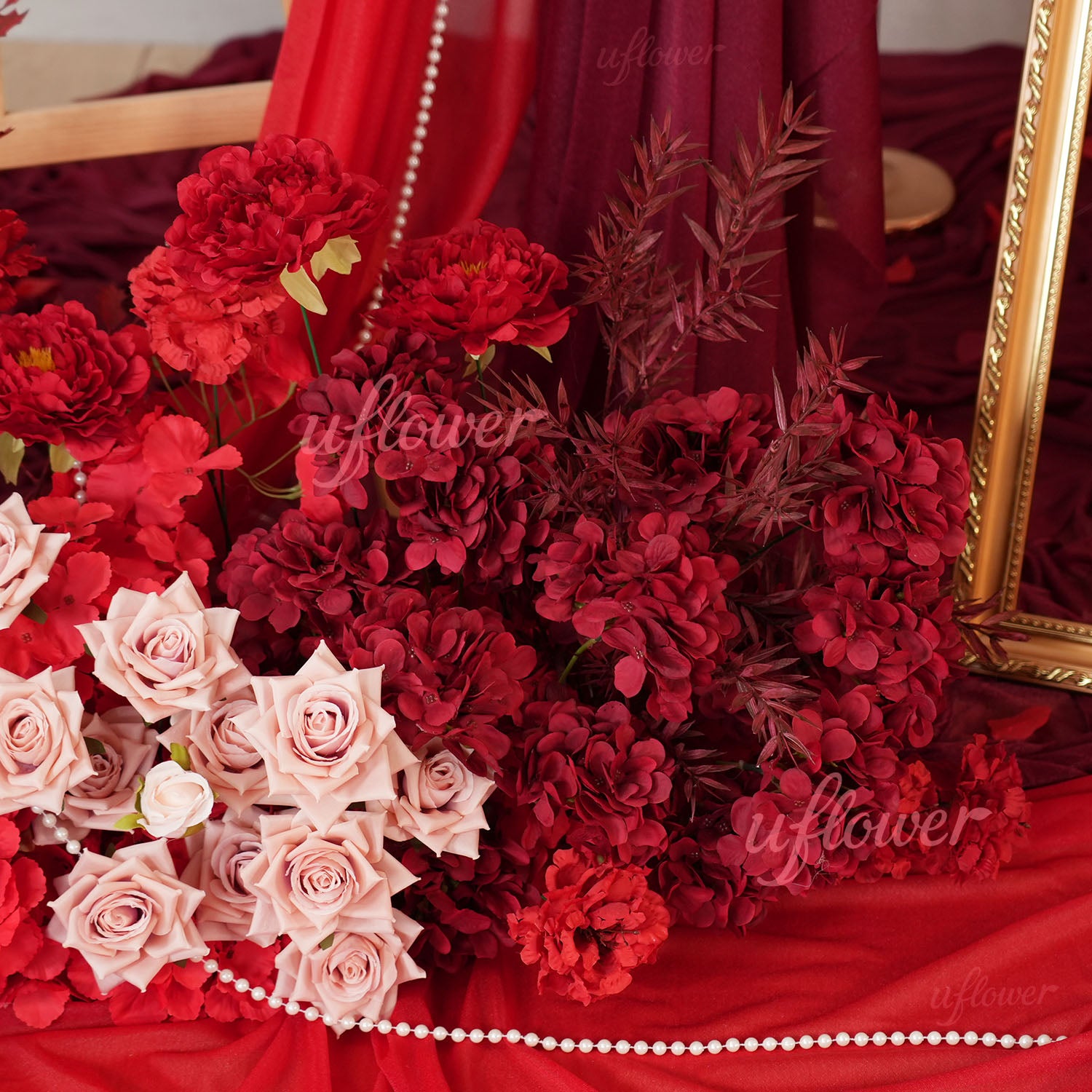 Uflower Red Flower Row Decor KT Board Wedding Arrangement Props