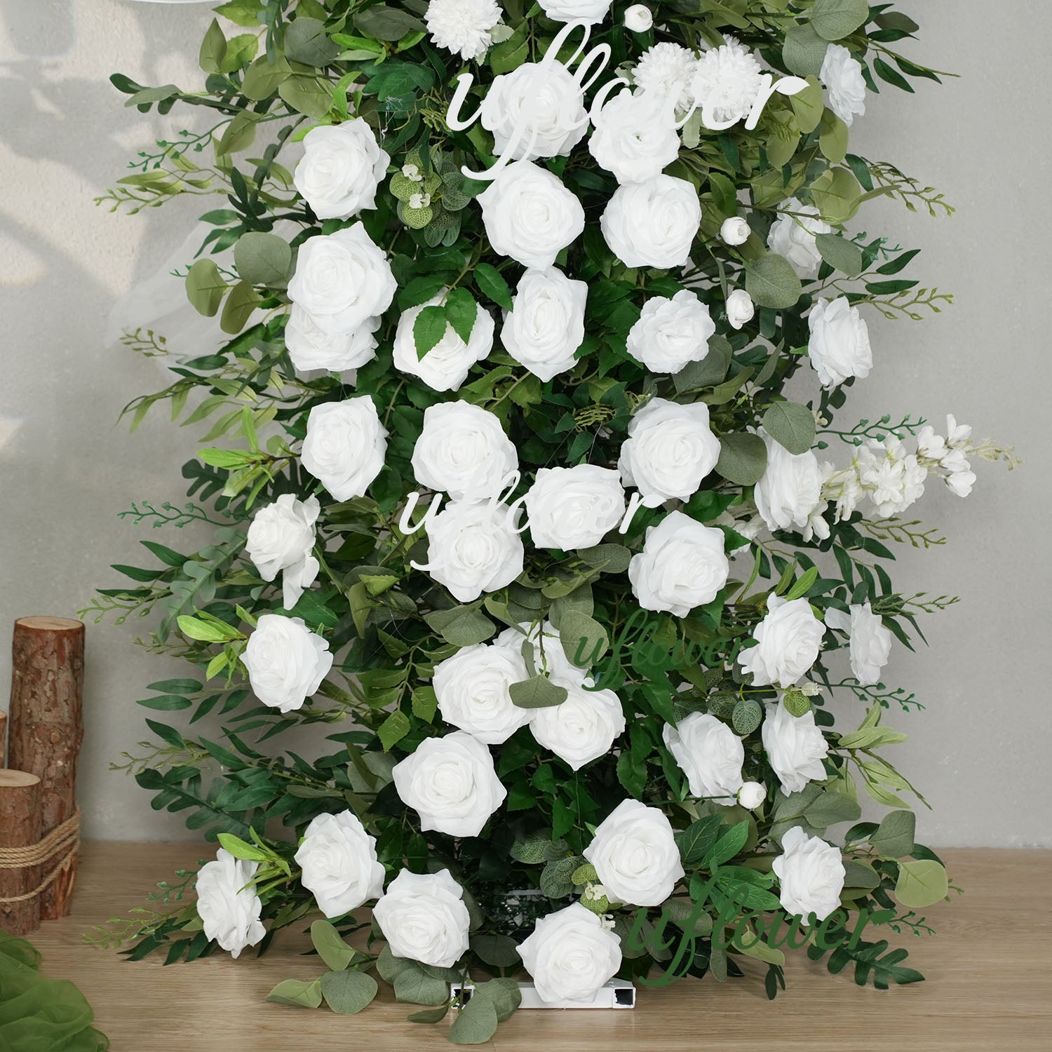 Uflower White Rose Green Leaf Floral Row Decor Wedding Backdrop Door Arch