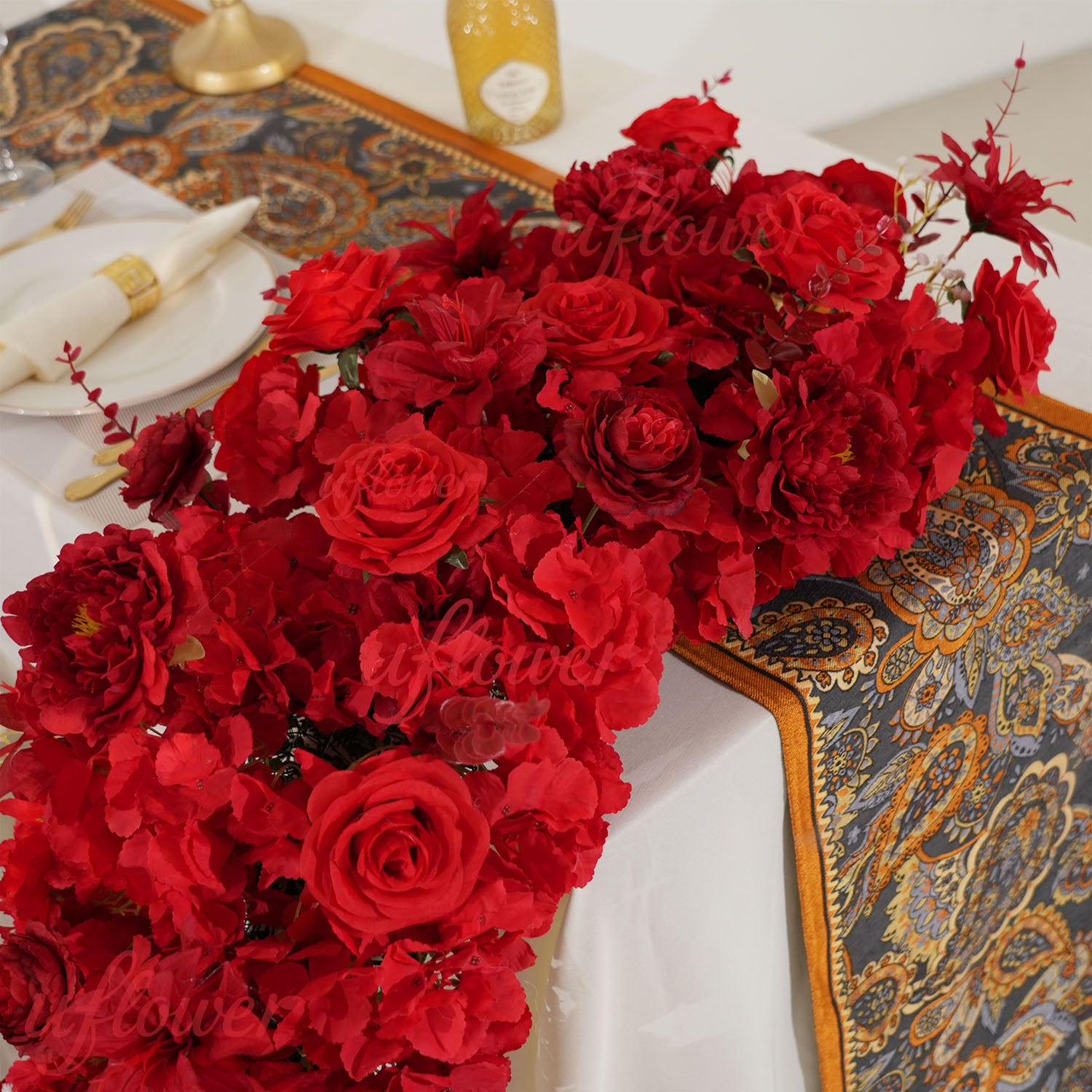 Uflower Artificial Red Rose Flower Row Wedding KT Backdrop Decor