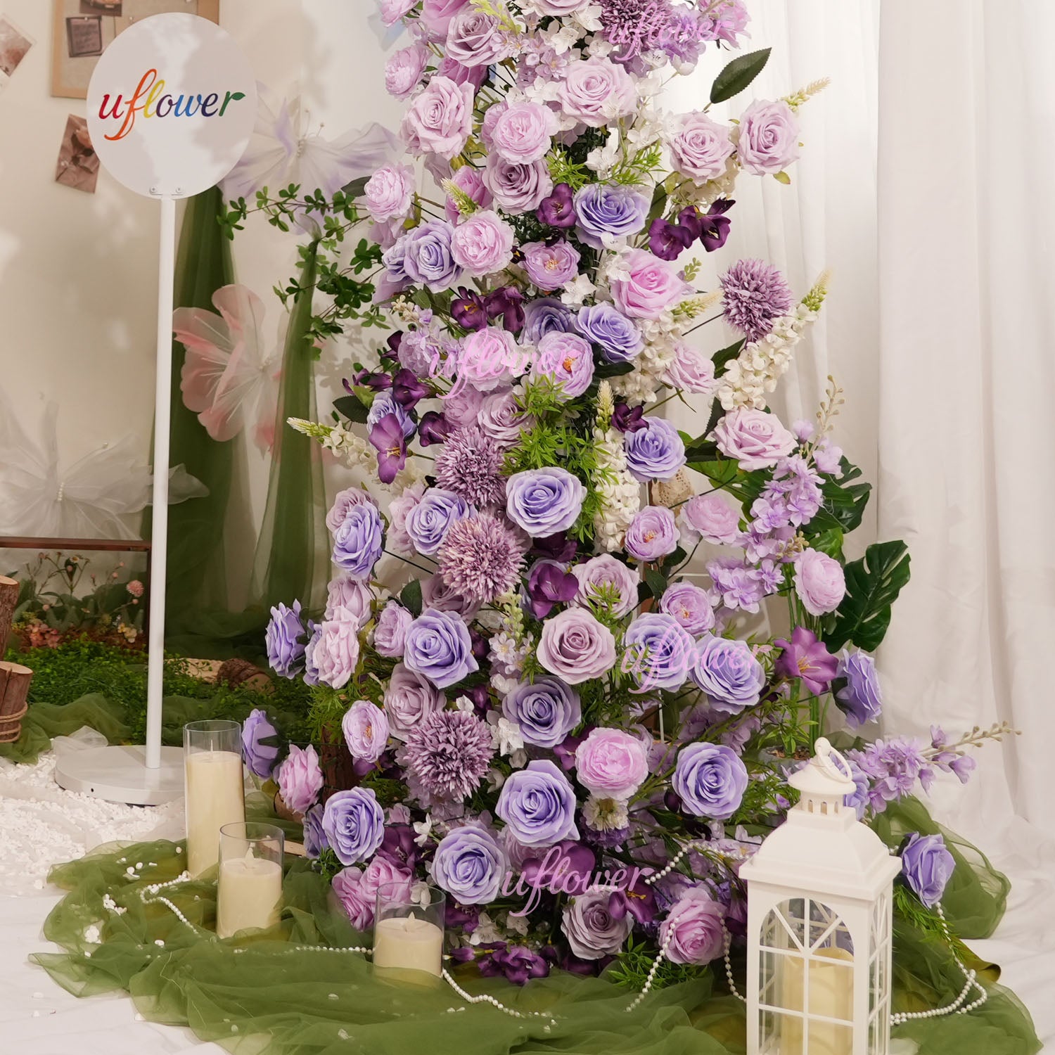 Uflower Gradient purple Floral Horn Arch Wedding Party Backdrop Decor