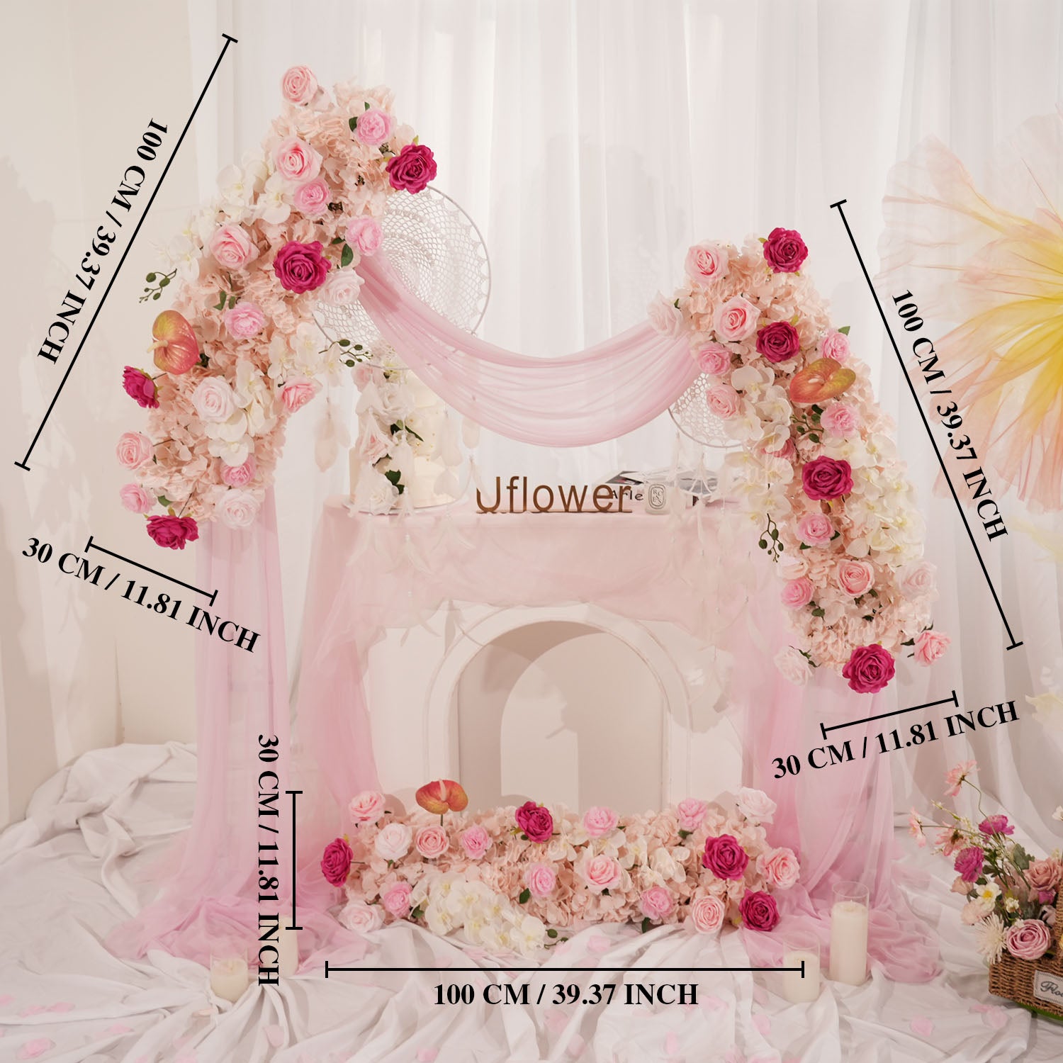 Uflower Pink Floral Arrangement Wedding Arch Backdrop Party Flower Row Decor