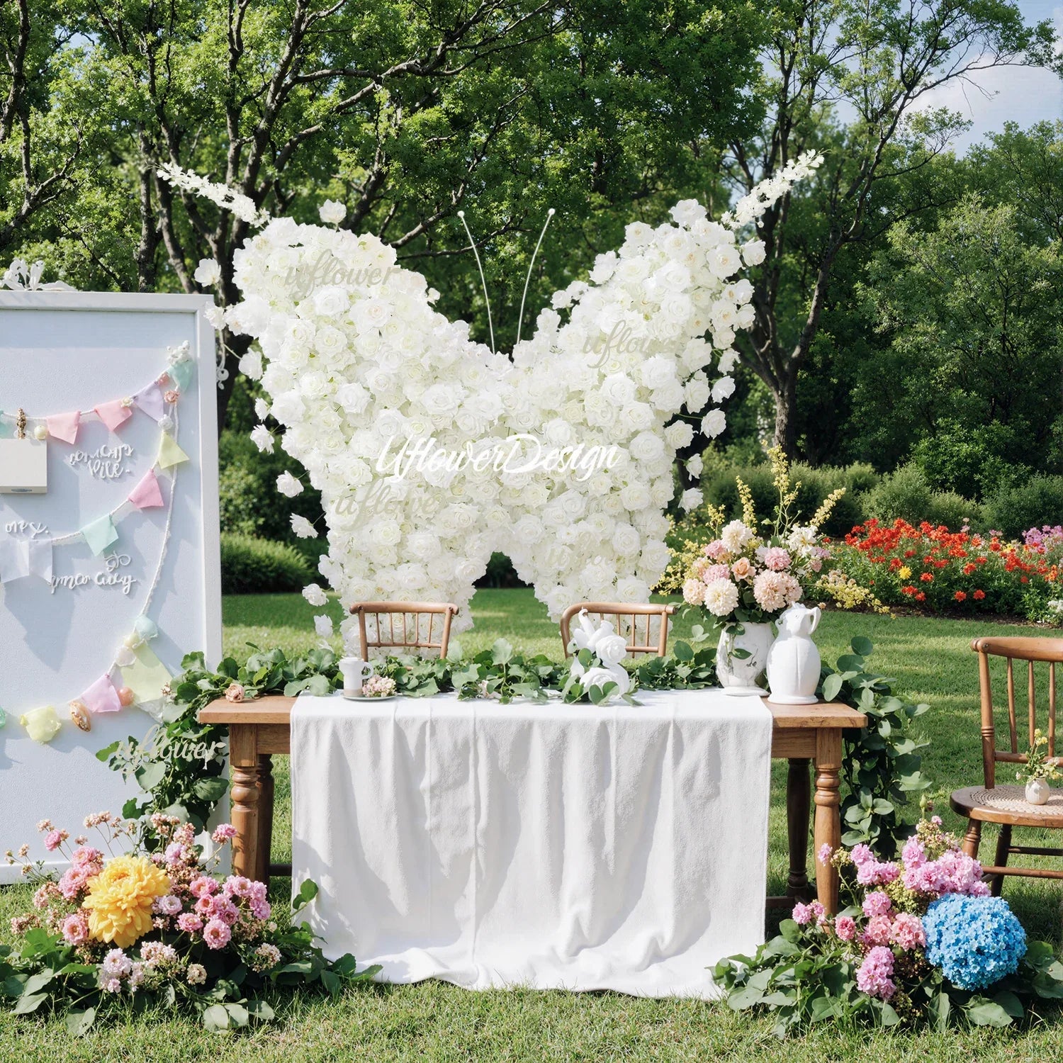 Uflower White Rose Butterfly Shaped Arch Wedding Party Backdrop Decor - Uflower