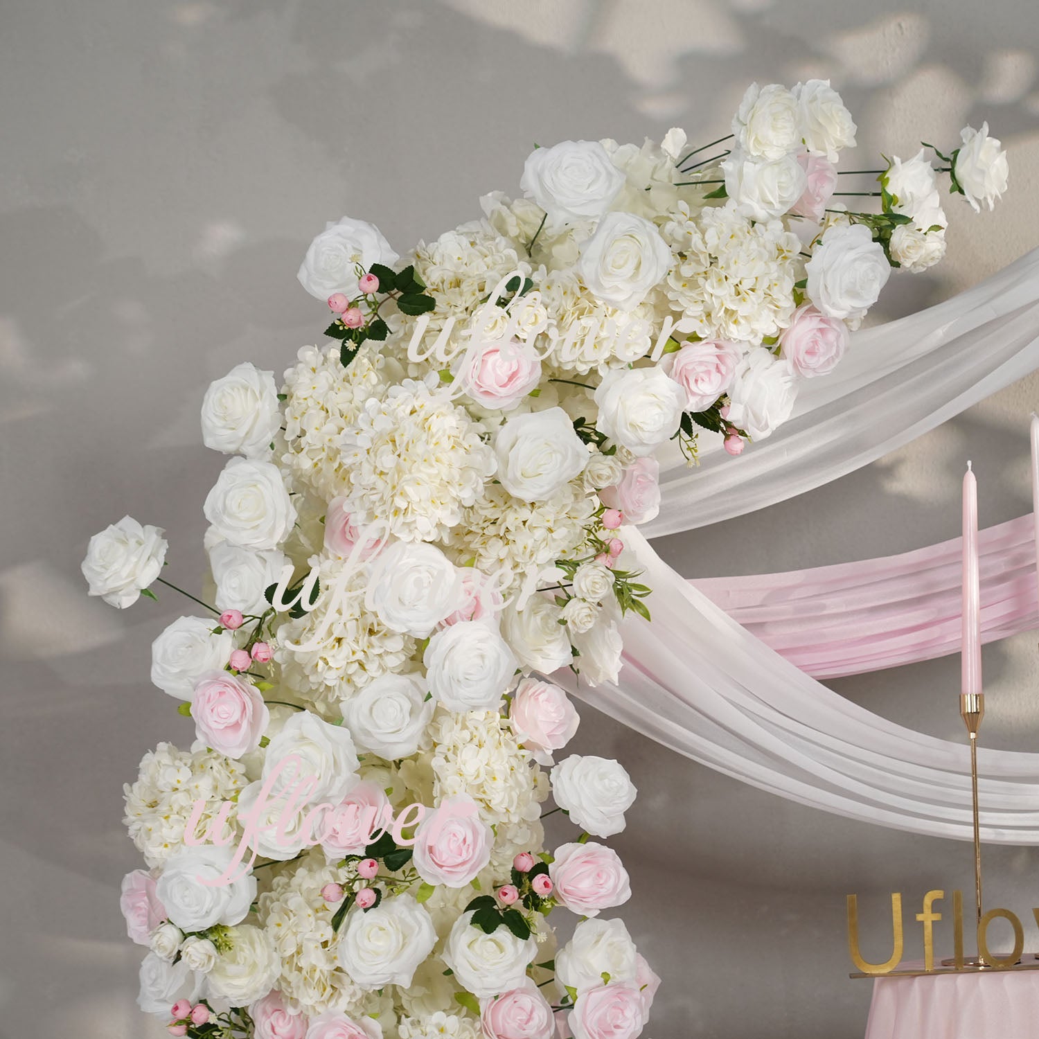 Uflower Pink White Rose Floral Horn Arch Wedding Party Backdrop Decor