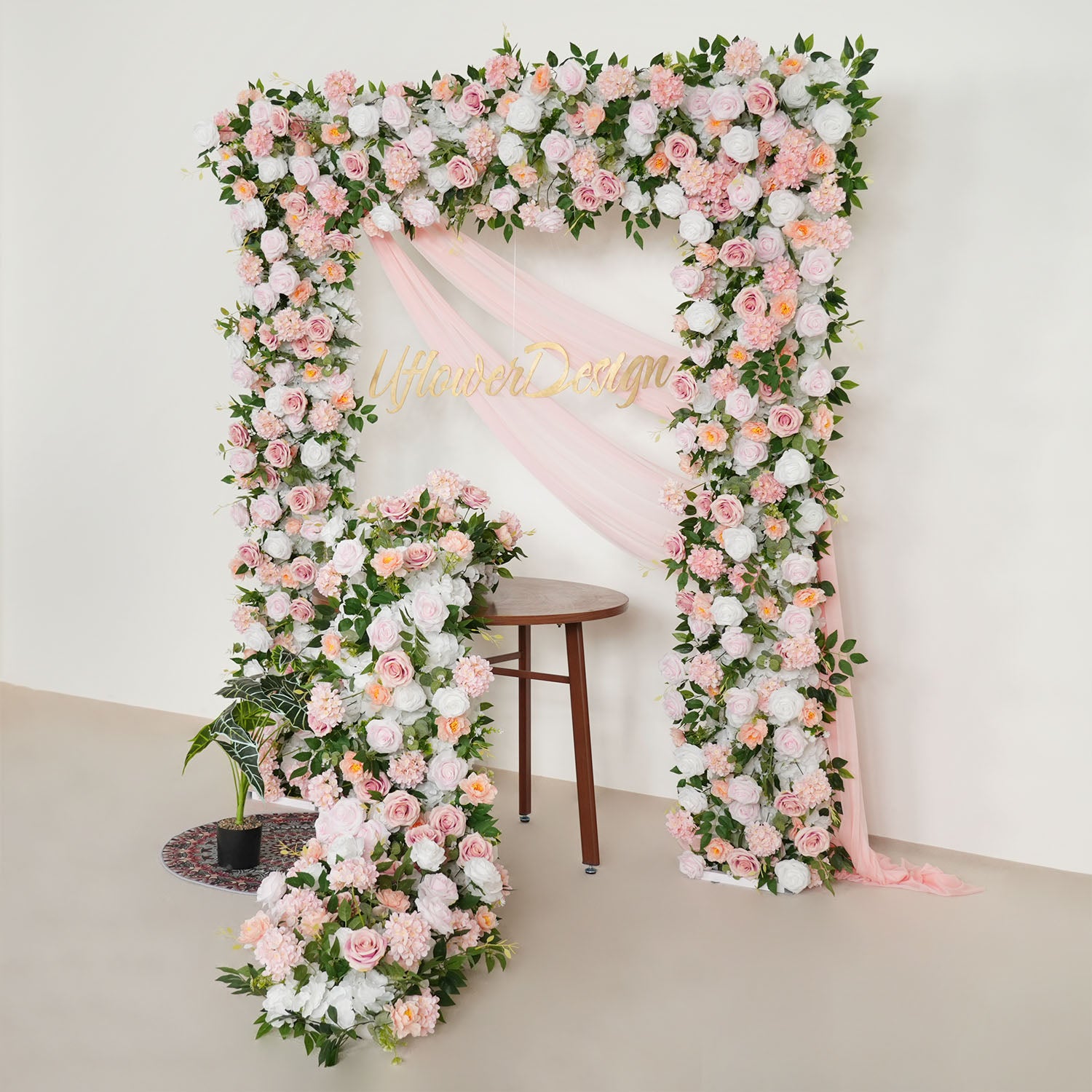 Uflower Pink White Rose Floral Square Arch Wedding Party Backdrop Decoration