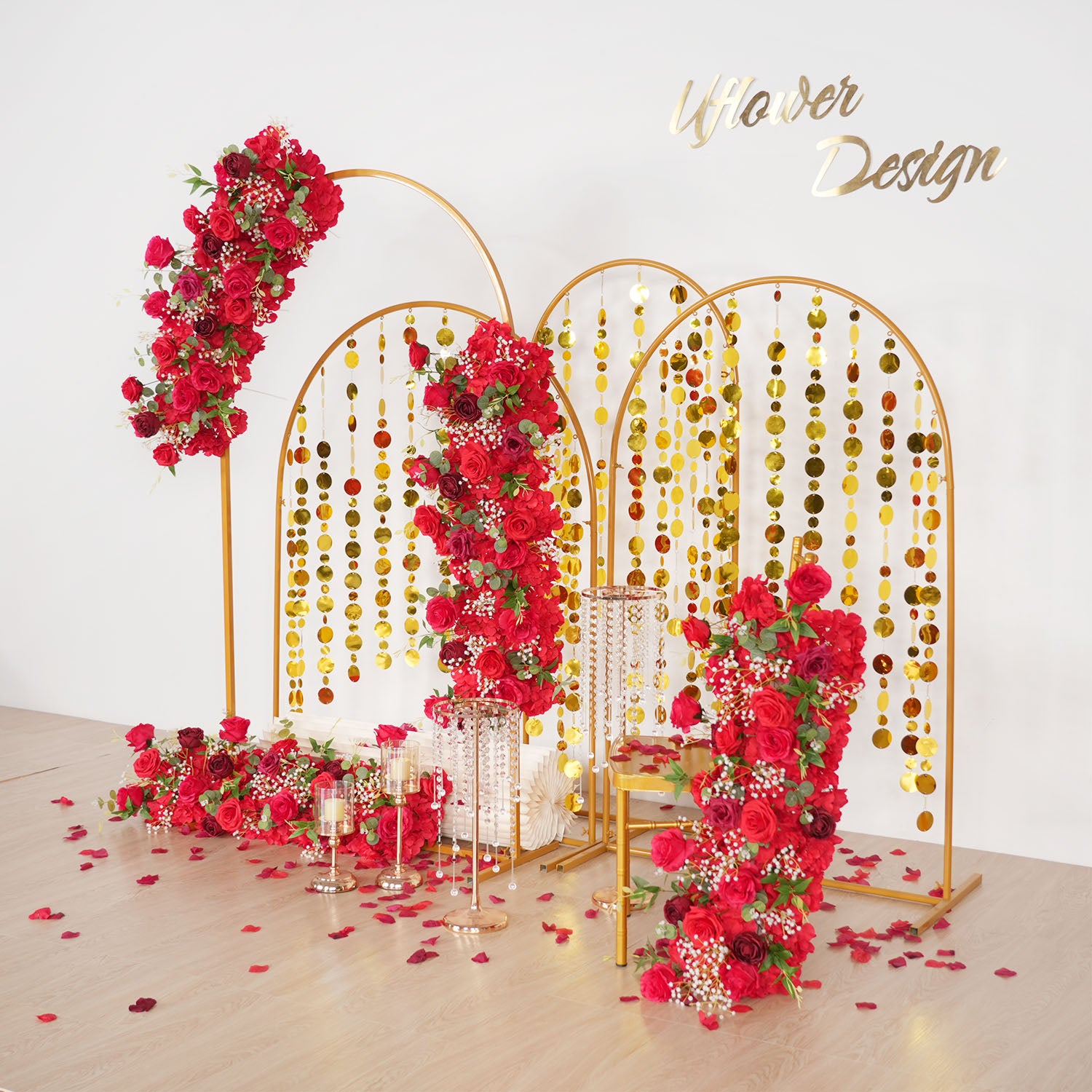 Uflower Artificial Red Rose Babysbreath Green Leaf Flower Row Wedding KT Backdrop Decor