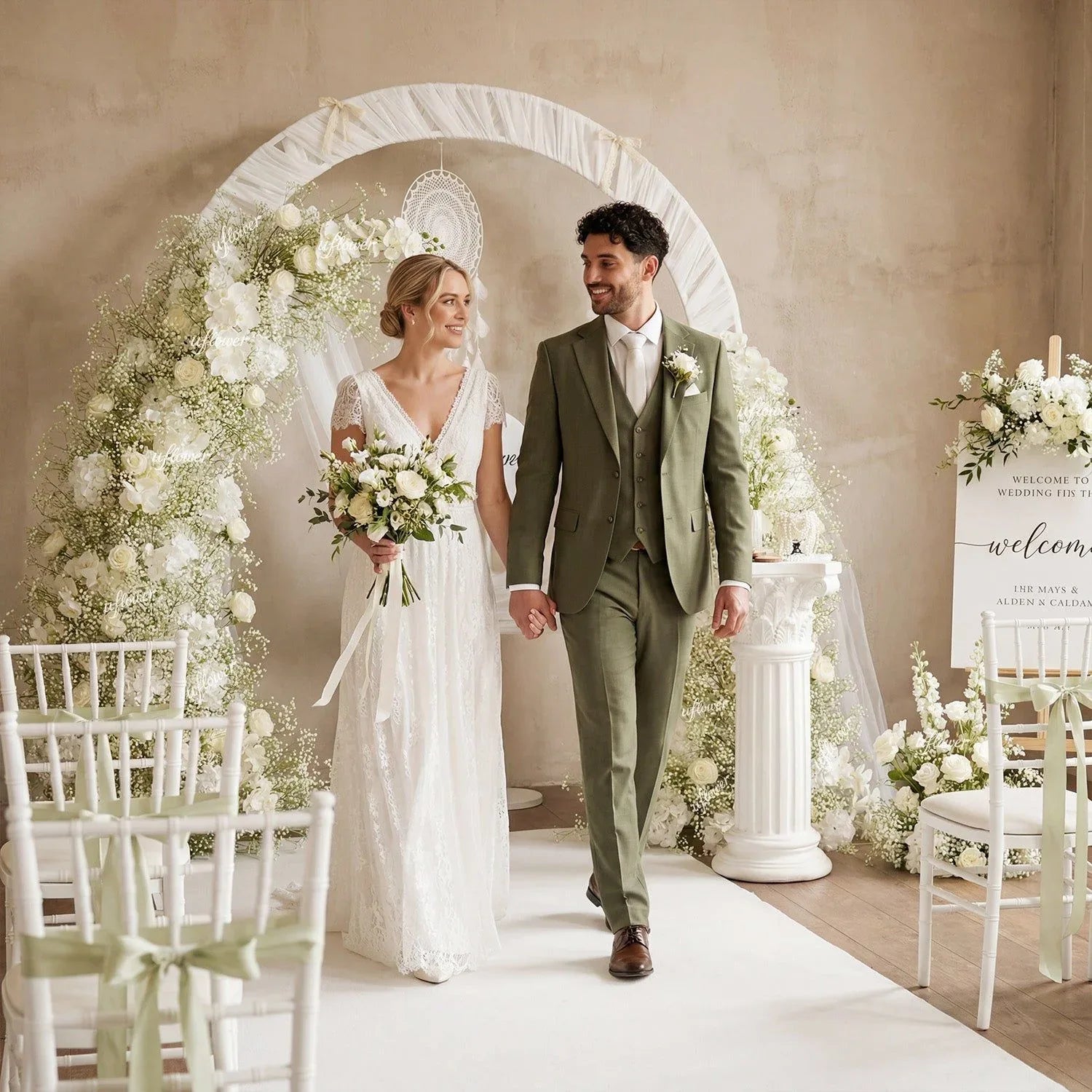 Uflower White Baby's Breath Horn Arch Wedding Party Backdrop Decor SET80211 - Uflower