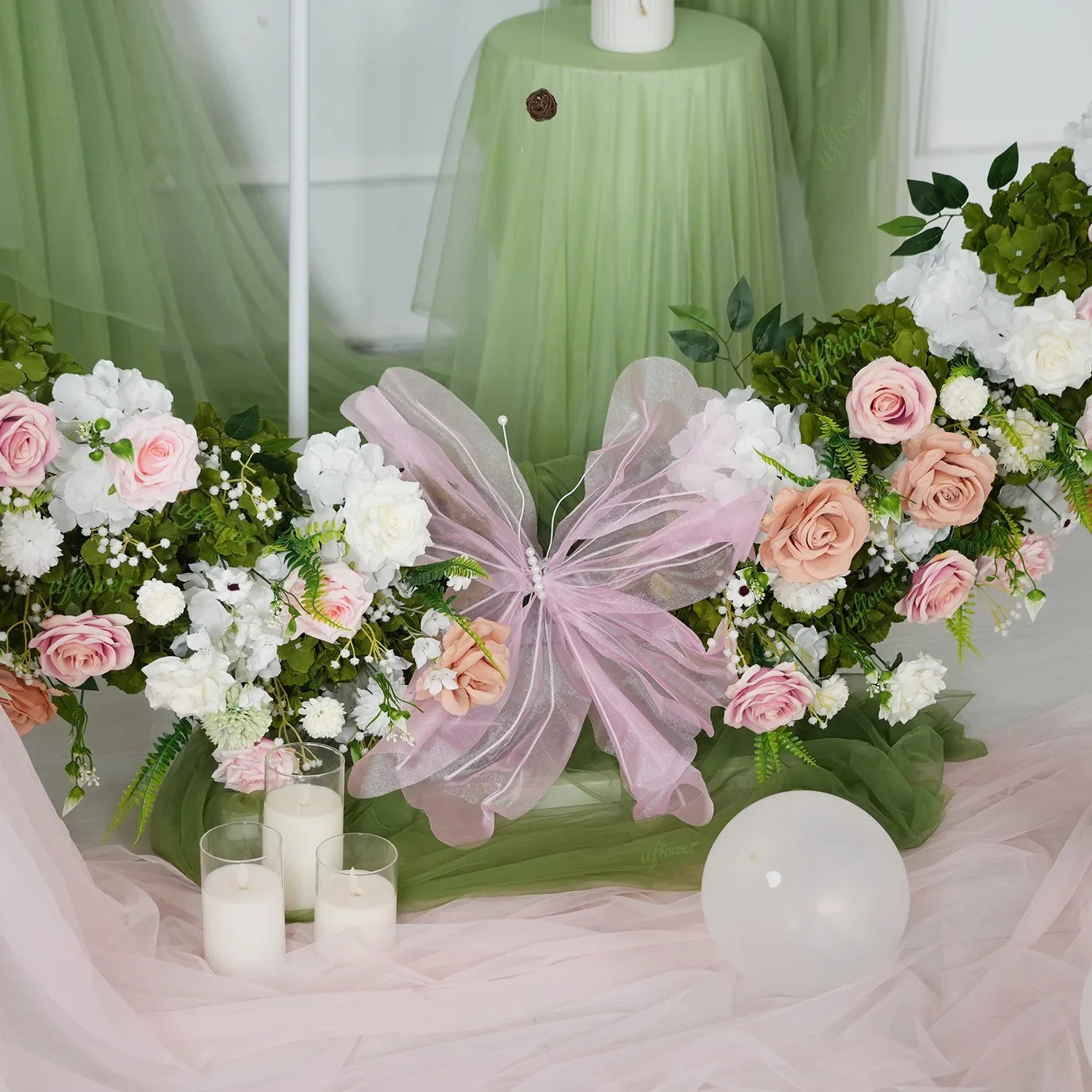 Uflower Pink White Greenery Flower Arrangement Table Runner Round Arch SET80201 - Uflower