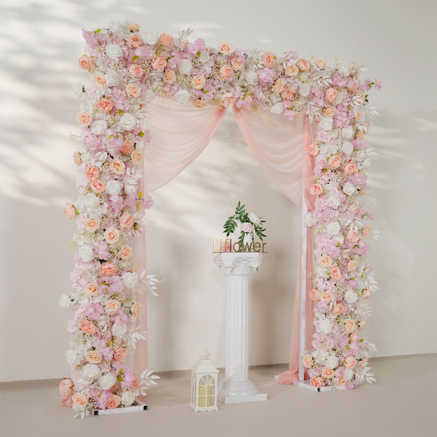 Uflower Pink White Rose Floral Square Arch Wedding Party Backdrop Decoration