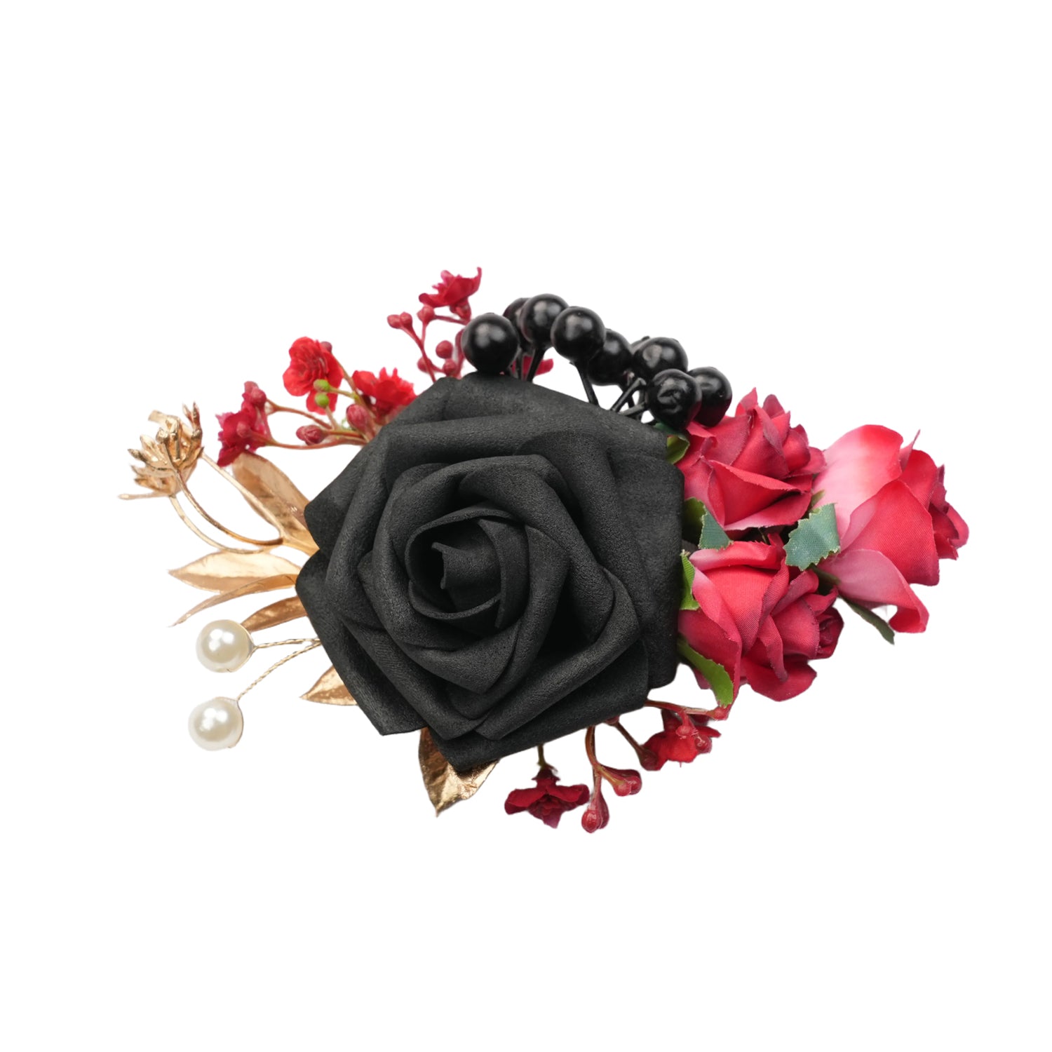 Uflower Black Burgundy Bride Bouquet Wrist Corsage Groom Boutonniere Set Wedding Event Supplies