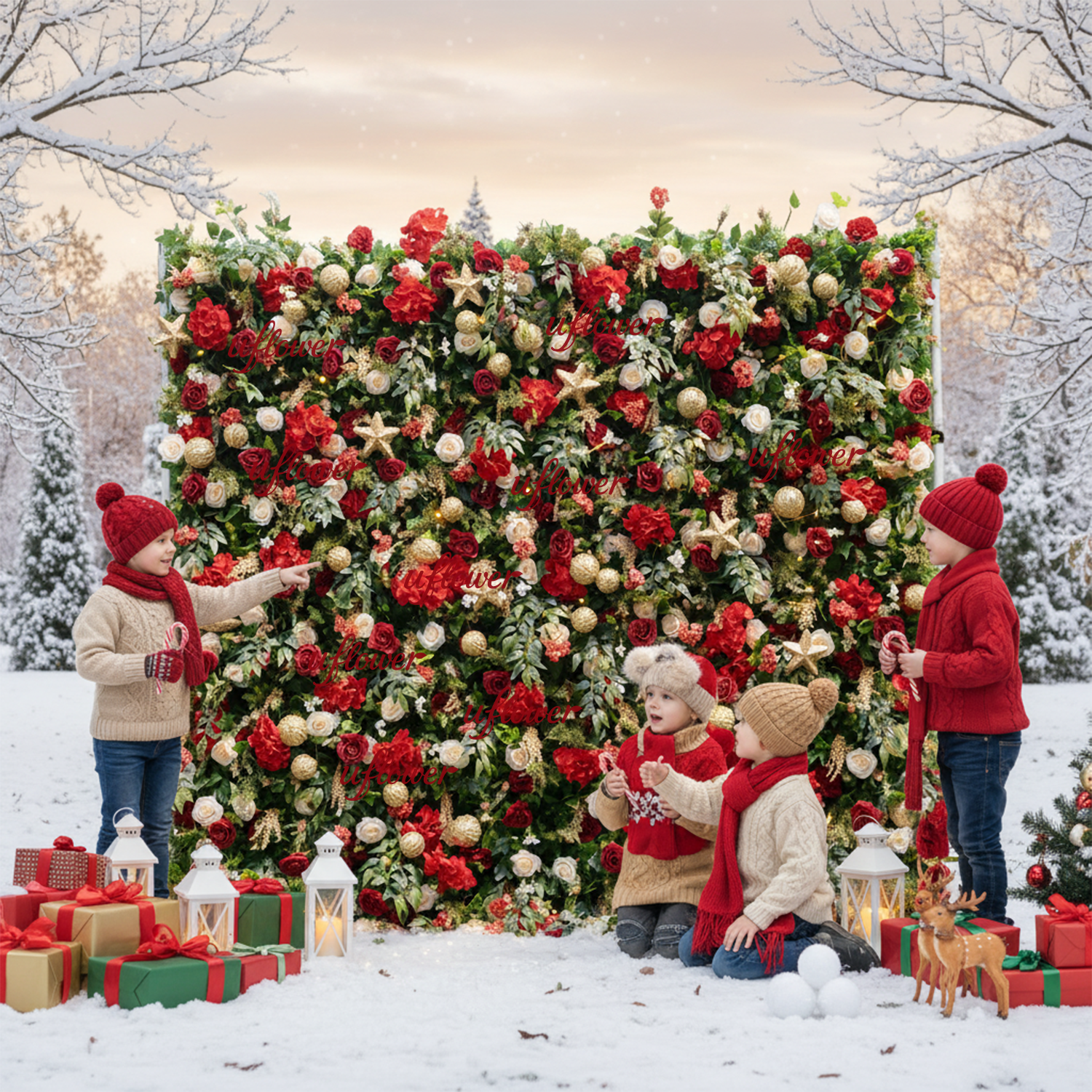 Uflower Christmas Red Gold Flower Wall  Luxurious Star & Ball Decorated Floral Backdrop Holiday Party Decor